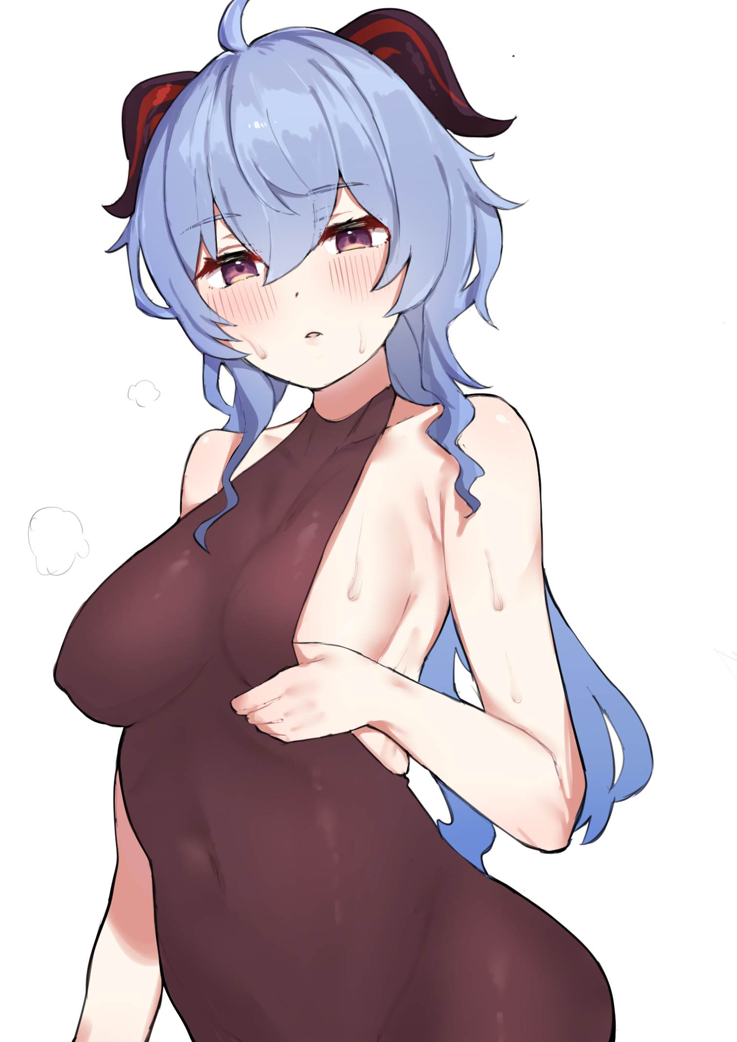 1girls, bare shoulders, black bodysuit, blue hair, blush, bodysuit, breasts, female, ganyu (genshin impact), genshin impact, half-closed eyes, highres, kobinbin, looking at viewer, medium breasts, purple eyes, sideboob, simple background, sleeveless, solo, sweat, white background