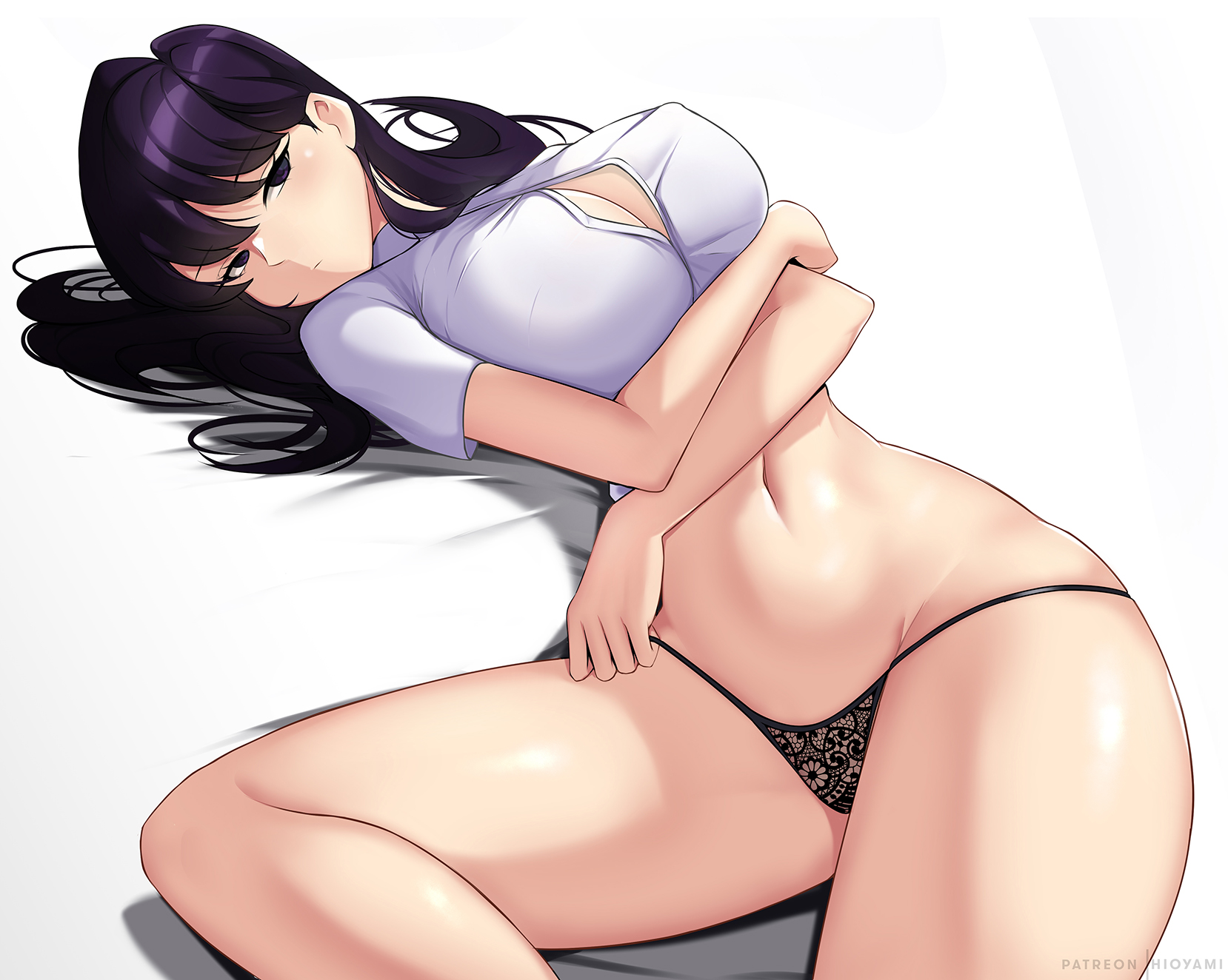 1girls, big breasts, black hair, breasts, eye contact, female, hioyami, komi shouko, komi-san wa komyushou desu, large breasts, long hair, looking at viewer, no pants, solo, thick thighs, thighs, thin arms, thin waist, thong, wide hips