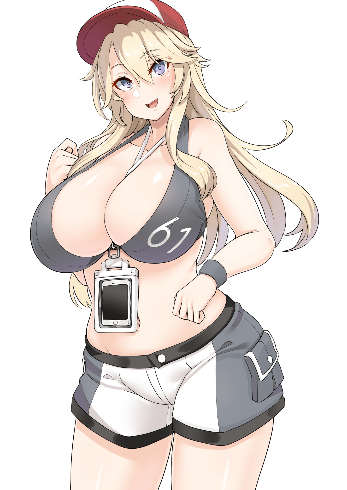 1girls, alternate costume, baseball cap, blonde hair, blue eyes, breasts, cap, cellphone, cleavage, clothed, female, hat, huge breasts, iowa (kantai collection), kantai collection, lanyard, light skin, light-skinned female, long hair, looking at viewer, pale skin, pale-skinned female, ryuun (stiil), short shorts, shorts, smile, solo, thick thighs, wide hips, wristband