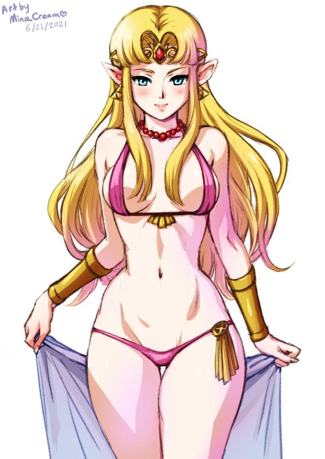 1girls, a link between worlds, a link to the past, alternate costume, bangs, belt, bikini, bikini bottom, bikini top, blonde hair, blue eyes, blush, bracelet, breasts, circlet, curvy, earrings, female, gem, holding, jewelry, long hair, looking at viewer, medium breasts, minacream, navel, necklace, nintendo, parted bangs, pearl necklace, pink bikini, pink swimsuit, pointy ears, princess, princess zelda, stomach, super smash bros., swimsuit, the legend of zelda, towel, triforce, zelda (a link between worlds), zelda (a link to the past)