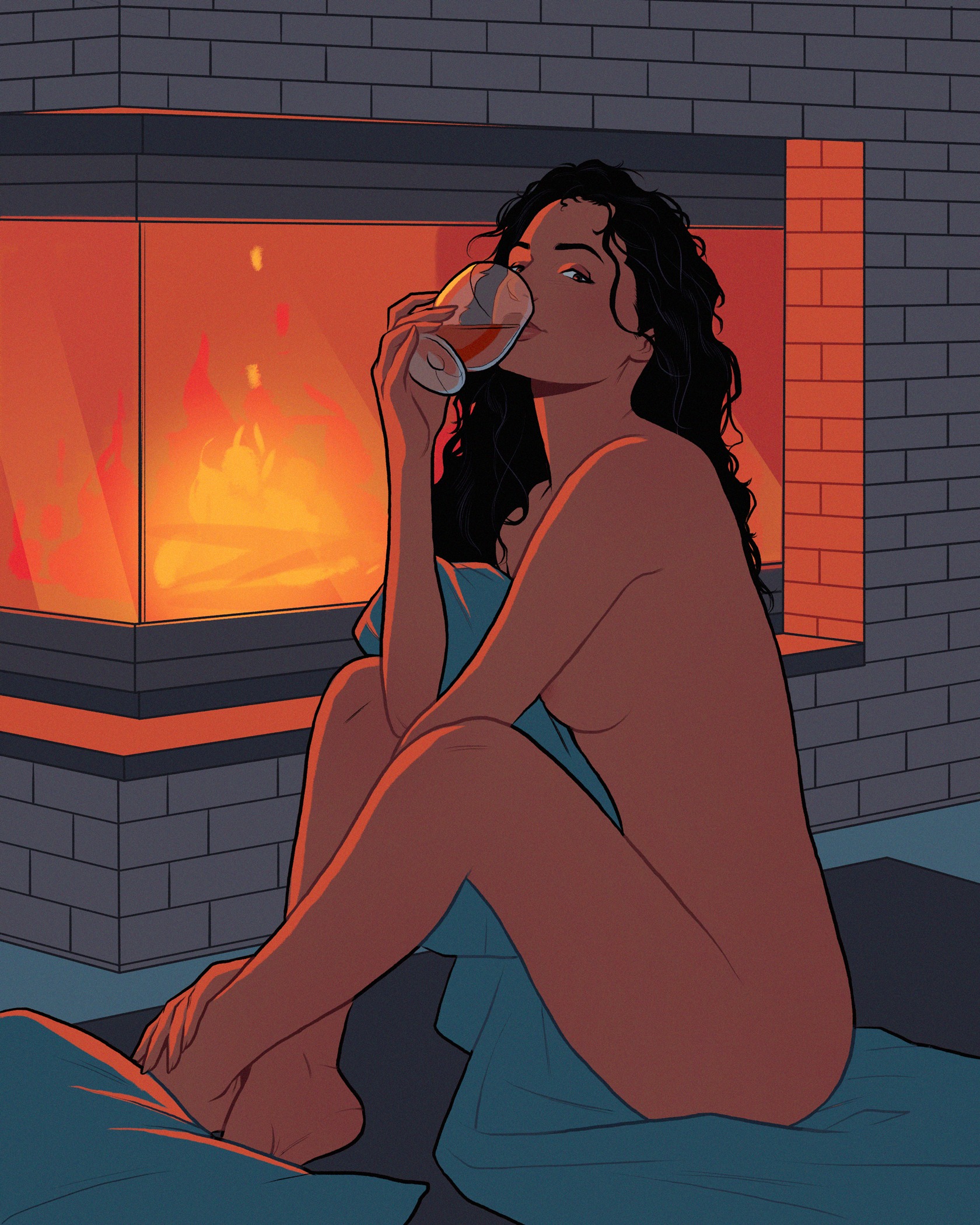 1girls, areola, beverage, black hair, brown eyes, dark hair, dark skin, dark-skinned female, drinking, female, fire, fireplace, looking at viewer, nipples, numitor, sitting, solo, solo female, wine