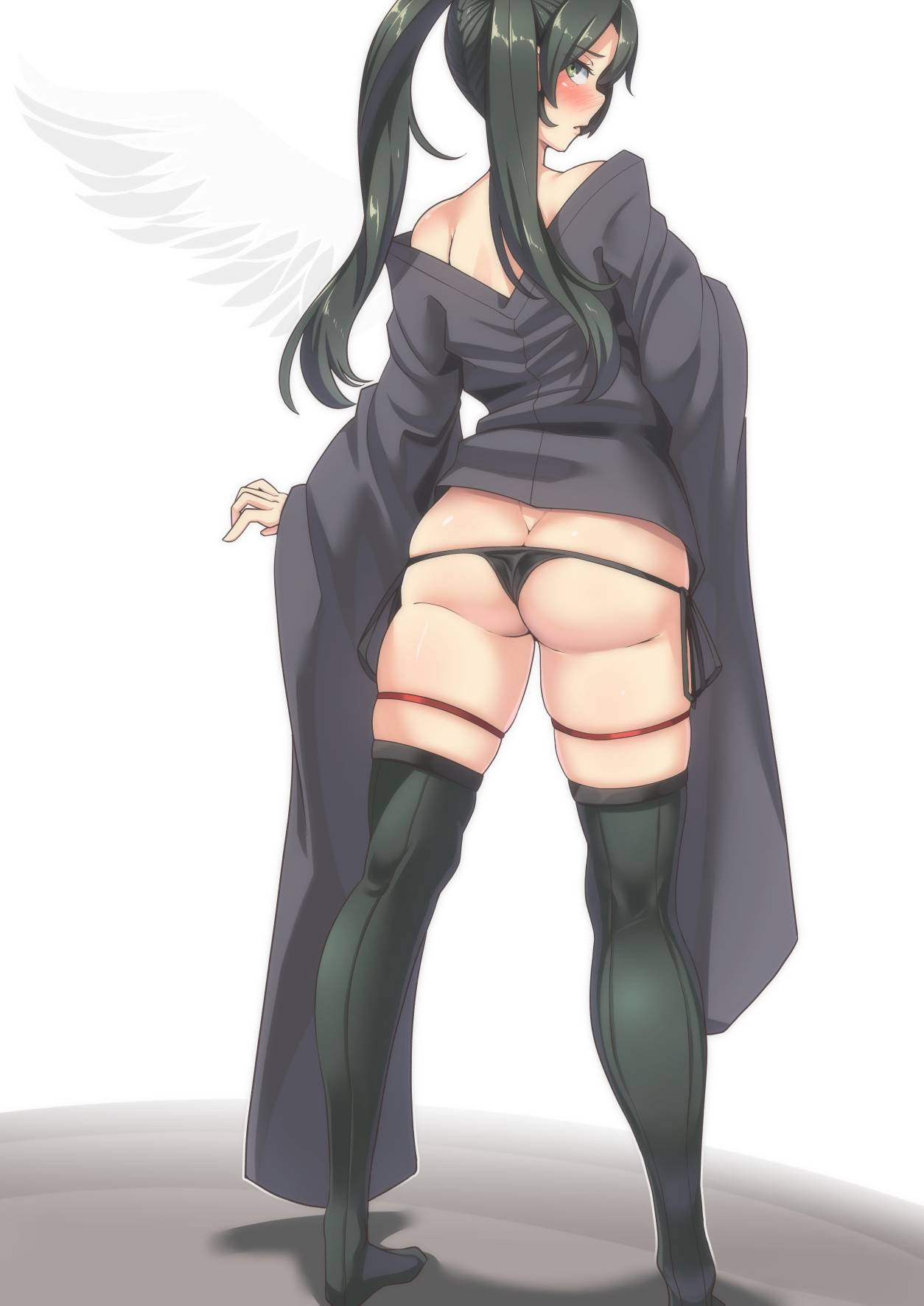ass, ass cleavage, ass crack, black legwear, black panties, black thighhighs, blush, butt crack, dark hair, female, full body, japanese clothes, kantai collection, long hair, long sleeves, looking at viewer, looking back, panties, ryuun (stiil), side-tie panties, solo, standing, thick thighs, thigh strap, thighhighs, thong, twintails, zuikaku (kantai collection)