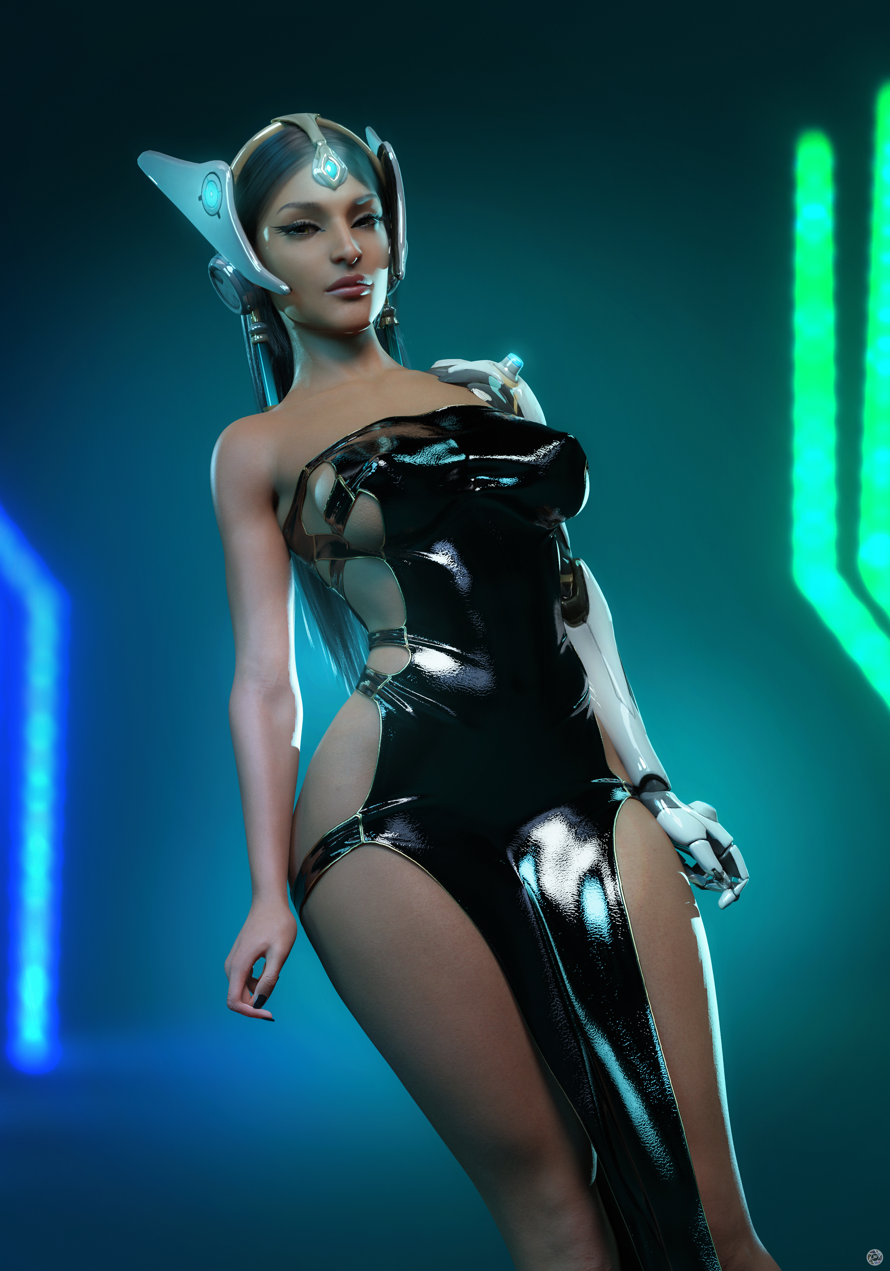 3d, black hair, blizzard entertainment, breasts, busty, dark skin, dark-skinned female, female, female focus, female only, green eyes, hourglass figure, indian, indian female, long hair, noahgraphicz, overwatch, pose, posing, solo, symmetra, tagme, tan-skinned female, wide hips