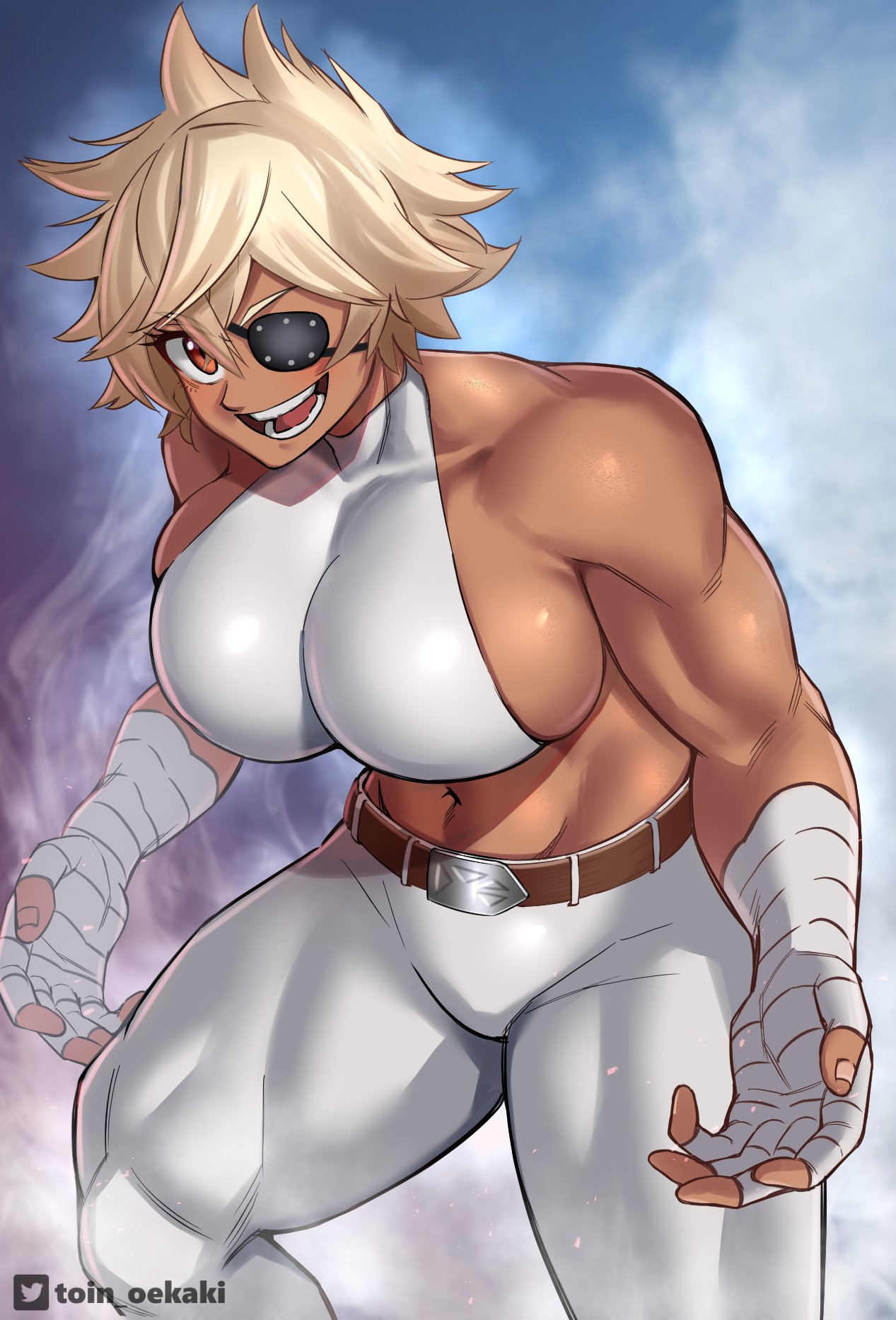 1girls bare_midriff bare_shoulders belt biceps black_eyepatch blonde_hair brown_eyes confident dark-skinned_female dark_skin debonair_diamond eyepatch halterneck manly muscular_arms muscular_female muscular_shoulders muscular_thighs oekaki short_hair sideboob smile taped_hands the_hunters_guild:_red_hood tight_pants toin_(iitoin) tomboy white_pants