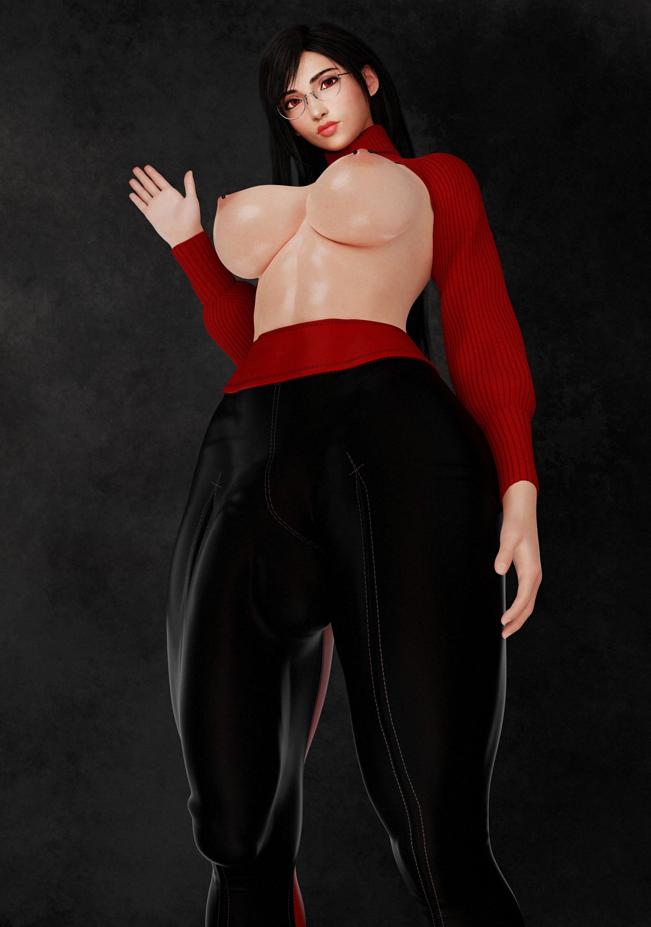 1futa, 3d, 3d (artwork), balls, black hair, breasts, bulge, circumcised, clothed, clothing, final fantasy, final fantasy vii, futa only, futanari, glasses, huge cock, human, intersex, large penis, light skin, light-skinned futa, looking at viewer, low-angle view, mostly clothed, penis, penis to the knees, solo, standing, tifa lockhart, zzzxxxccc