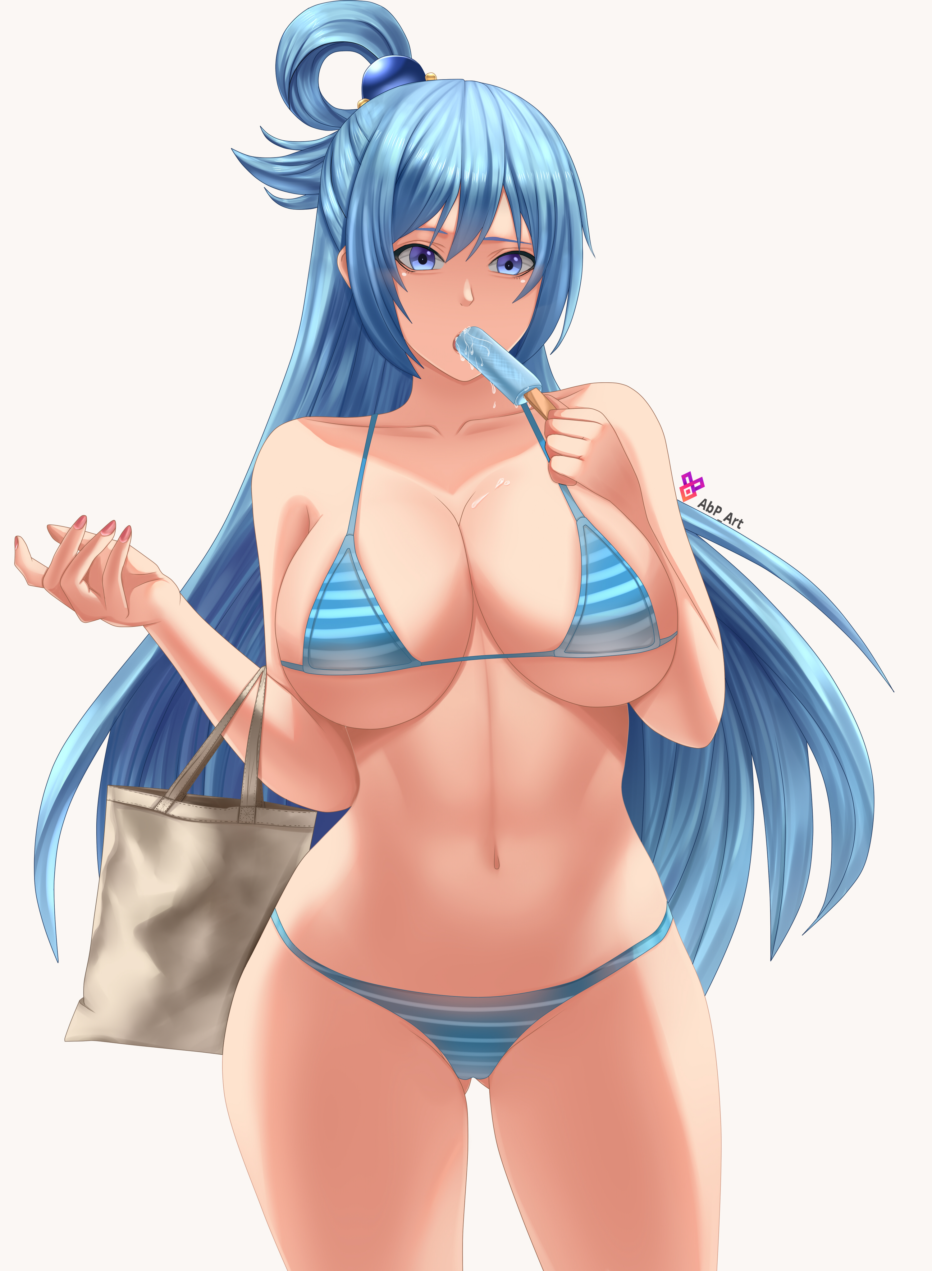 1girls, abp art, aqua (konosuba), bag, bikini, blue bikini, blue eyes, blue hair, breasts, cleavage, collarbone, female, food, hi res, high resolution, highres, kono subarashii sekai ni shukufuku wo!, large breasts, long hair, navel, popsicle, simple background, solo, source request, stomach, striped, striped bikini, swimsuit, thighs, white background