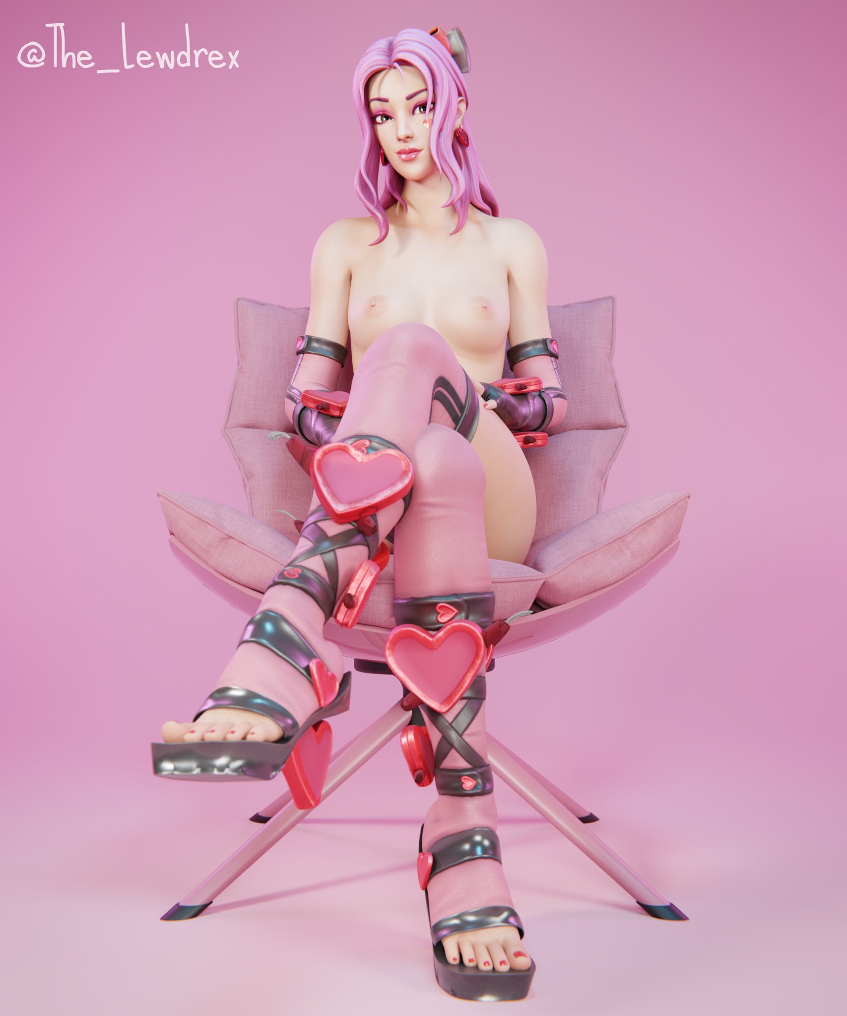 1girls, 3d, areolae, armwear, blender, bowtie, breasts, crossed legs, epic games, face tattoo, female, female focus, female only, fortnite, fortnite: battle royale, freckles, freckles on face, highres, legs crossed, legwear, lewdrex, light skin, light-skinned female, long hair, looking at viewer, lovely (fortnite), naked footwear, nipples, nude, nude female, partially clothed, pink background, pink hair, presenting, presenting breasts, simple background, small breasts, smile, smiling, solo, solo focus, stockings, tattoo, watermark