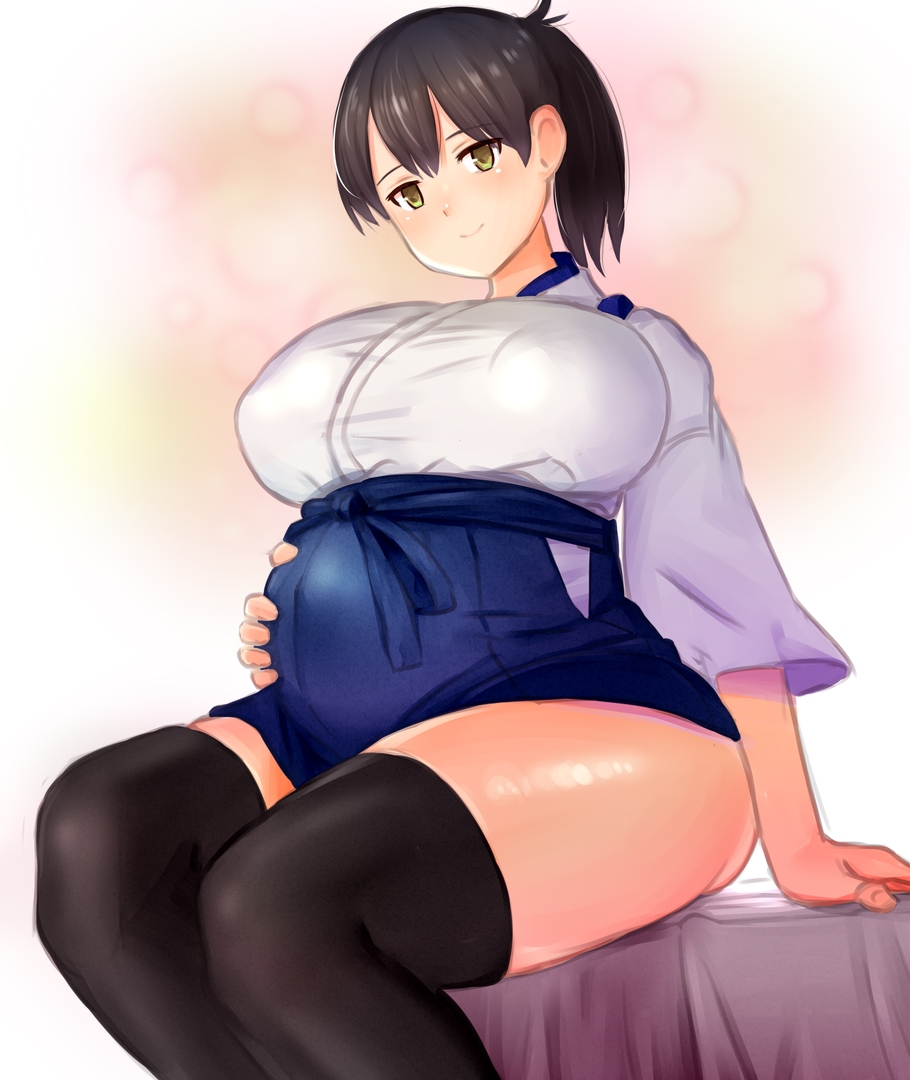 big breasts, black hair, black legwear, black thighhighs, breasts, brown hair, dark hair, egao sikorsky, female, female only, fully clothed, hakama, hakama skirt, hand on belly, huge belly, huge breasts, japanese clothes, kaga (kantai collection), kantai collection, looking at viewer, nipple bulge, ponytail, pregnant, ready to pop, side ponytail, sitting, smile, solo, thick thighs, thighhighs, yellow eyes