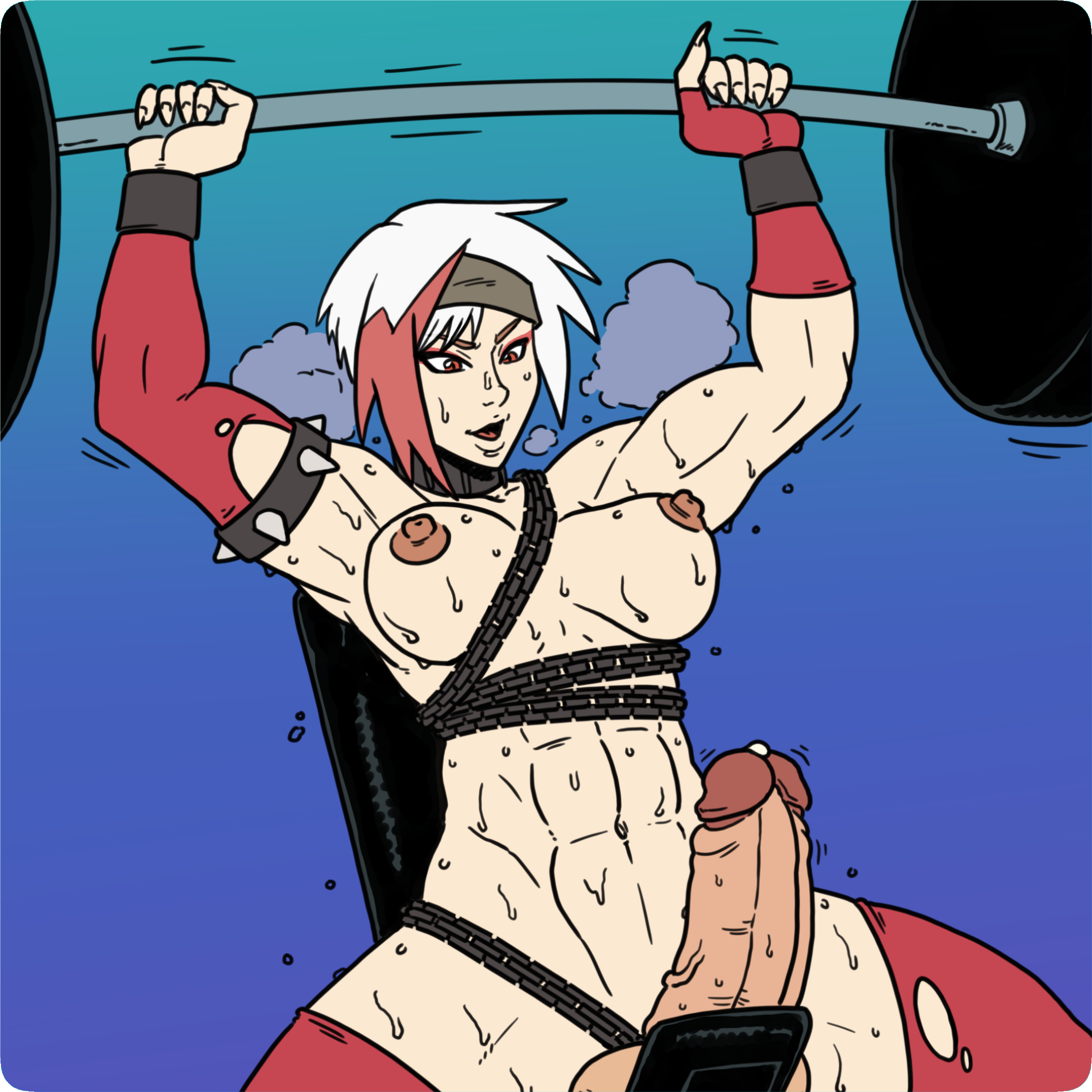 1futa, abs, areolae, balls, big balls, big breasts, big penis, breasts, doomington, erection, exercise, futa only, futanari, human, intersex, kono yuusha ga ore tueee kuse ni shinchou sugiru, light skin, light-skinned futa, muscular, muscular futa, nipples, nude, pale skin, penis, red hair, sitting, solo, sweat, two-tone hair, valkyrie (kono yuusha ga ore tueee kuse ni shinchou sugiru), weightlifting, white hair