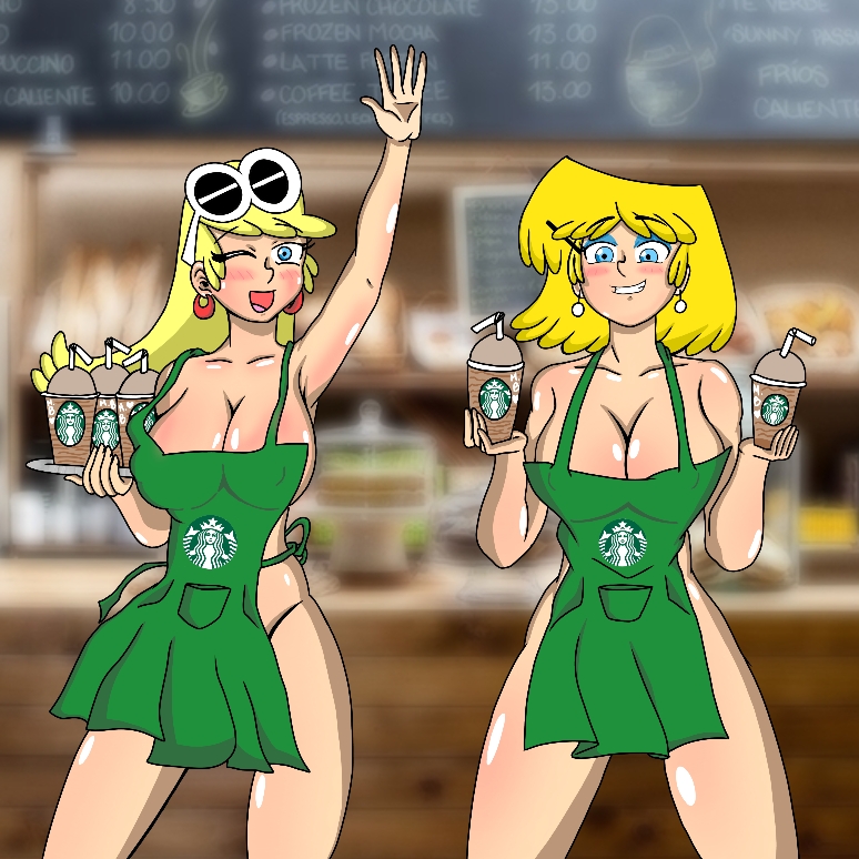 2girls, apron, apron only, armpits, bangs, barely clothed, barista, big breasts, blonde hair, blue eyes, blush, breasts, busty, cleavage, coffee, drink, duo, earrings, female, female only, hips, holding drink, huge breasts, iced latte with breast milk, large breasts, legs apart, leni loud, leon pazchowder, looking at viewer, lori loud, meme, multiple females, multiple girls, naked apron, nickelodeon, nipple bulge, one eye closed, open mouth, raised arm, slim waist, smile, standing, starbucks, sunglasses, sunglasses on head, the loud house, thick thighs, thighs, waving, wide hips, wink
