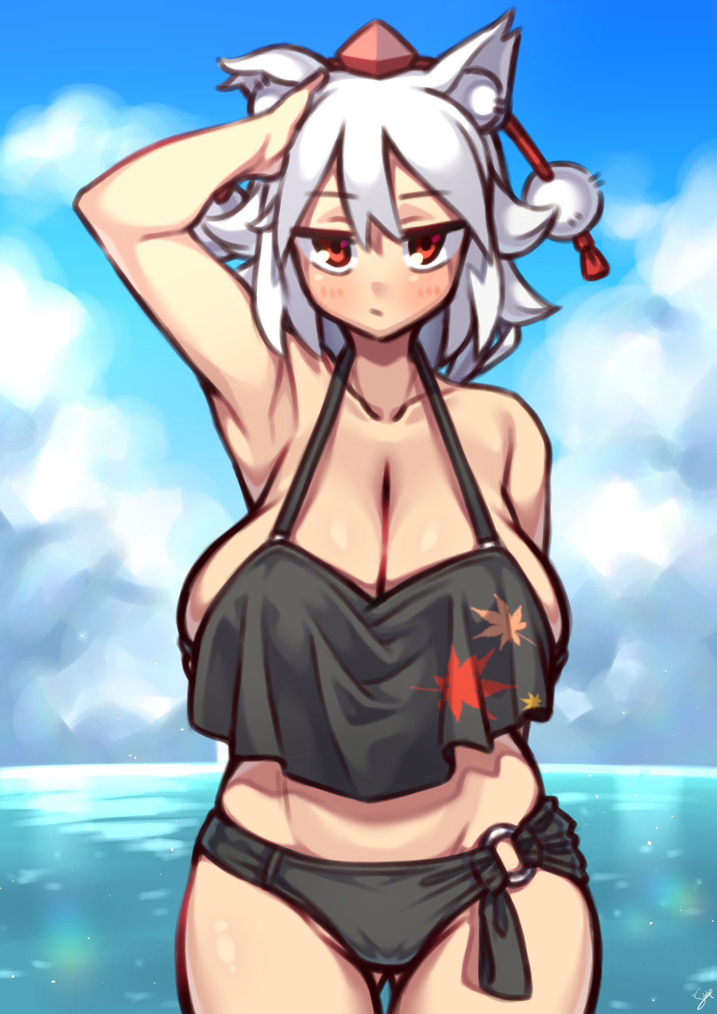 1girls, blush, breasts, cleavage, coffeelove68, female, female only, huge breasts, looking at viewer, momiji inubashiri, solo, touhou