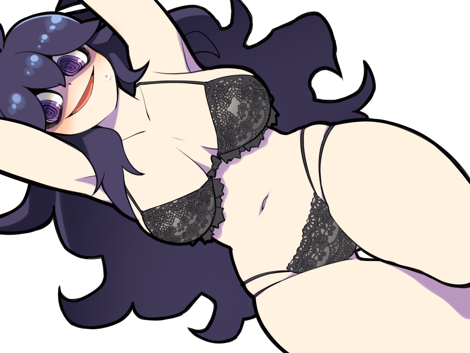 1girls, arms raised, bellupup, black bra, black panties, bra, breasts, cleavage, clothing, female, game freak, hex maniac, legs together, lingerie, long hair, matching underwear, nintendo, on back, open mouth, panties, pokemon, purple eyes, smile, smiling, solo, solo female, spiral eyes, sweat, underwear, white background, white skin, wide hips