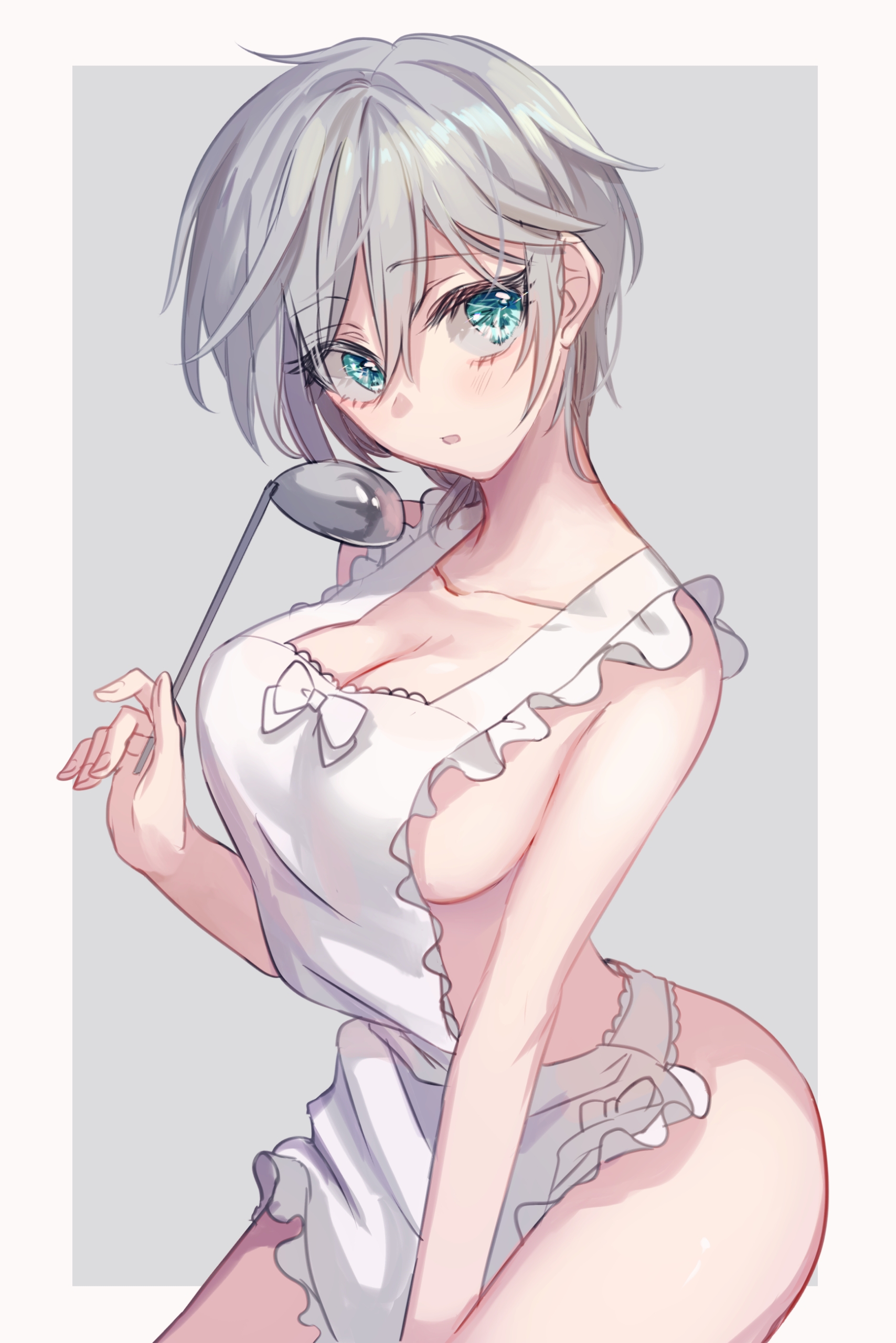 anastasia (idolmaster), apron, apron only, aqua eyes, blush, breasts, eyebrows visible through hair, eyelashes, eyelashes visible through hair, female, female only, hand between legs, head tilt, holding object, idolmaster, idolmaster cinderella girls, ladle, mostly nude, open mouth, rum raisin (chihiromakita19), short hair, sideboob, silver hair, simple background, white apron