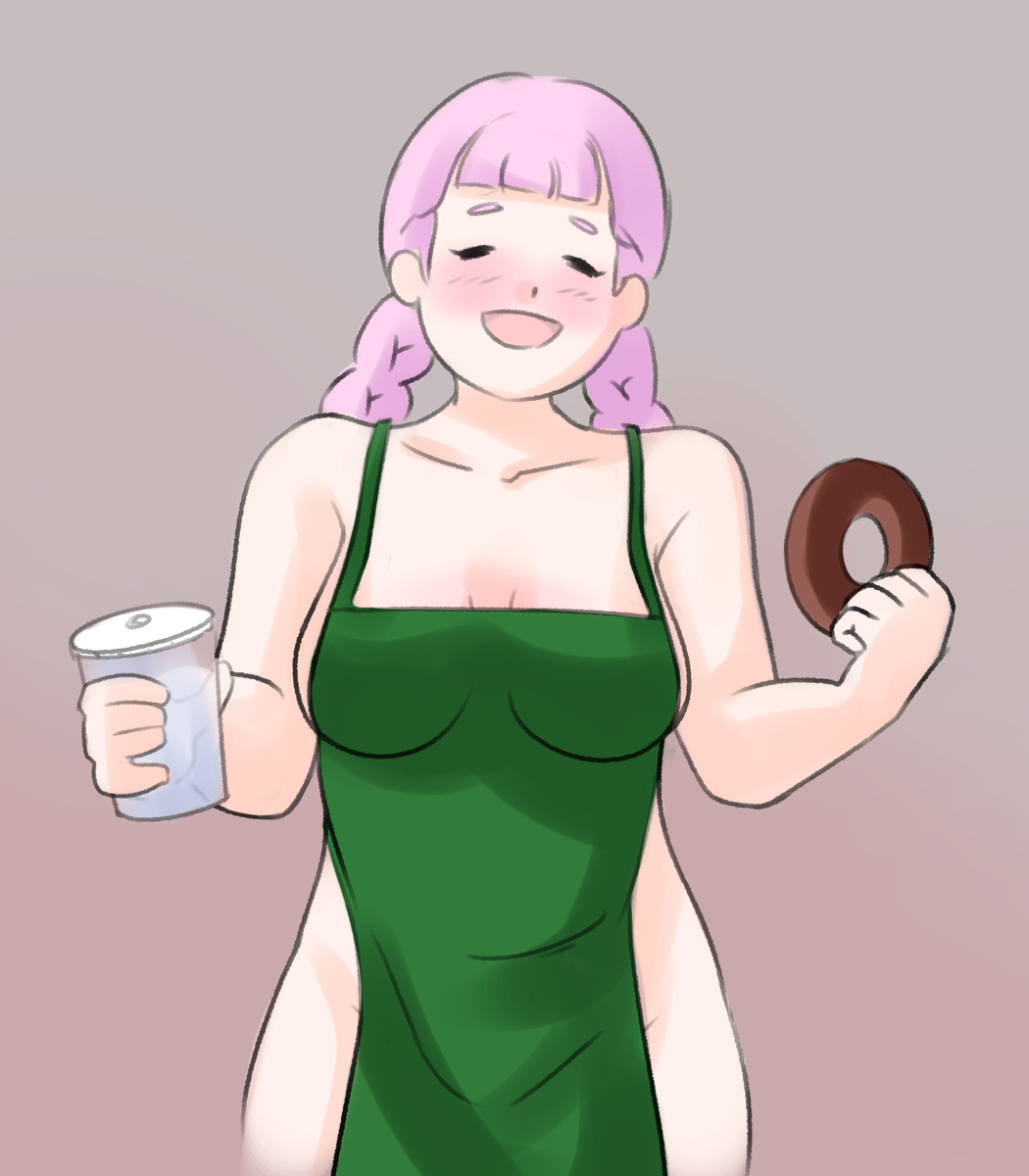 1girls bagel blush closed_eyes cup curvaceous food happy jasminka_antonenko large_breasts light_skin little_witch_academia naked_apron purple_hair smile stargazing_ori studio_trigger thick_thighs twin_braids twintails