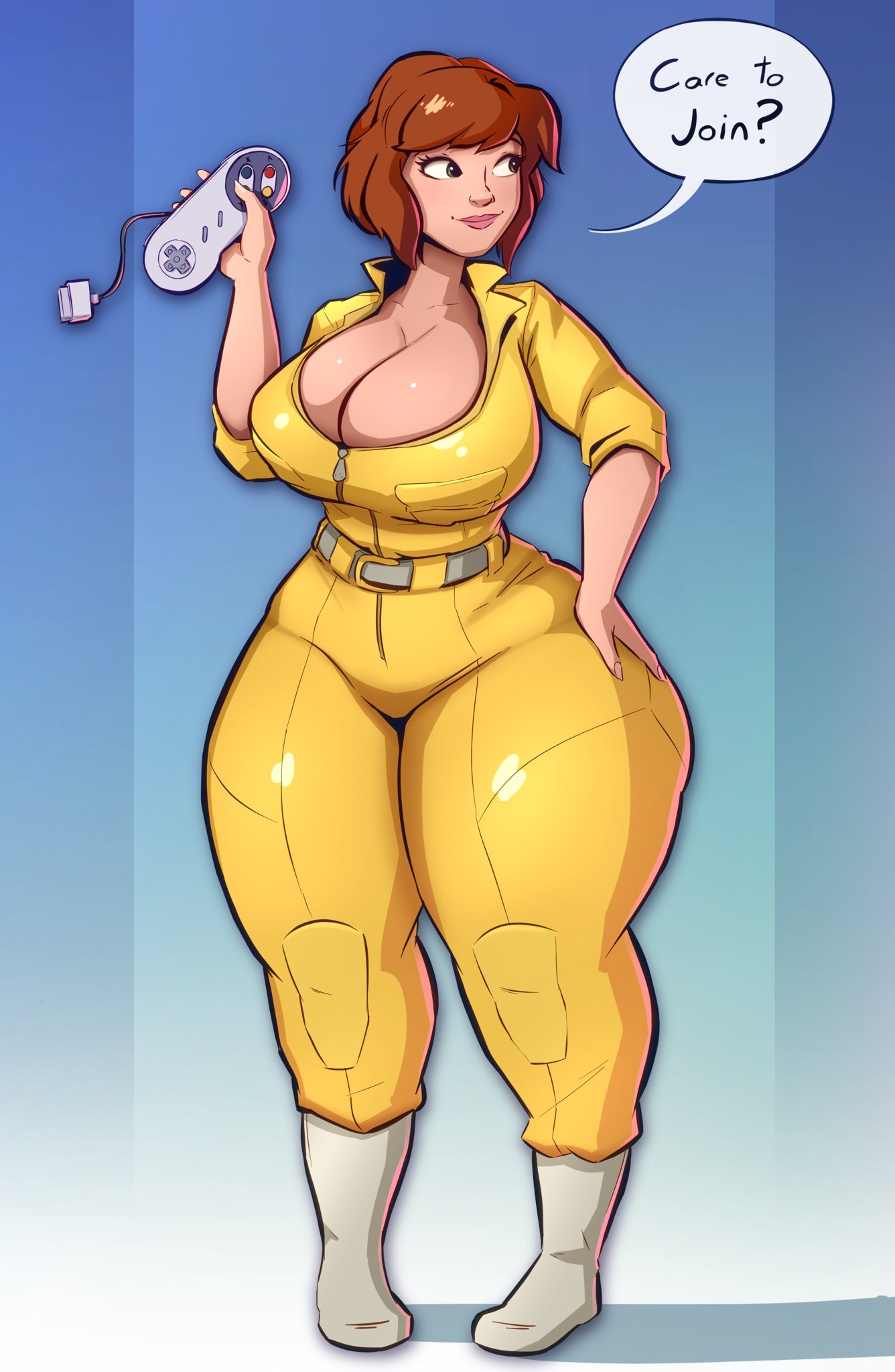 april o'neil, april o'neil (tmnt 1987), ass, big ass, big breasts, big butt, big hips, big thighs, breasts, cleavage, emmabrave, female, female focus, female only, hourglass figure, huge ass, huge breasts, huge butt, huge hips, huge thighs, speech bubble, teenage mutant ninja turtles, text, wide hips