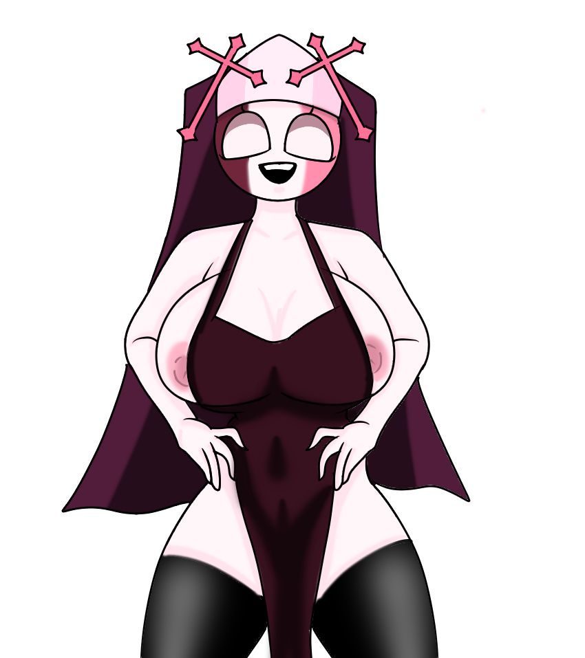 1girls, apron, big breasts, big thighs, breasts, female, female only, friday night funkin, happy, legwear, mid-fight masses, nipples, nun, nun hat, owo (artist), sarvente (dokki.doodlez), smile