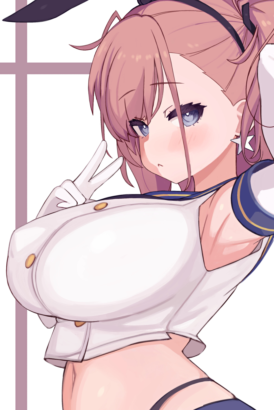 :< armpit atlanta_(kantai_collection) big_breasts blue_eyes blush brown_hair clothing crop_top earrings female female_only gloves highleg_panties huge_breasts kantai_collection long_gloves looking_at_viewer nipple_bulge rose_neru shimakaze_(kantai_collection)_(cosplay) sleeveless solo thong_above_skirt thong_straps tied_hair v white_gloves