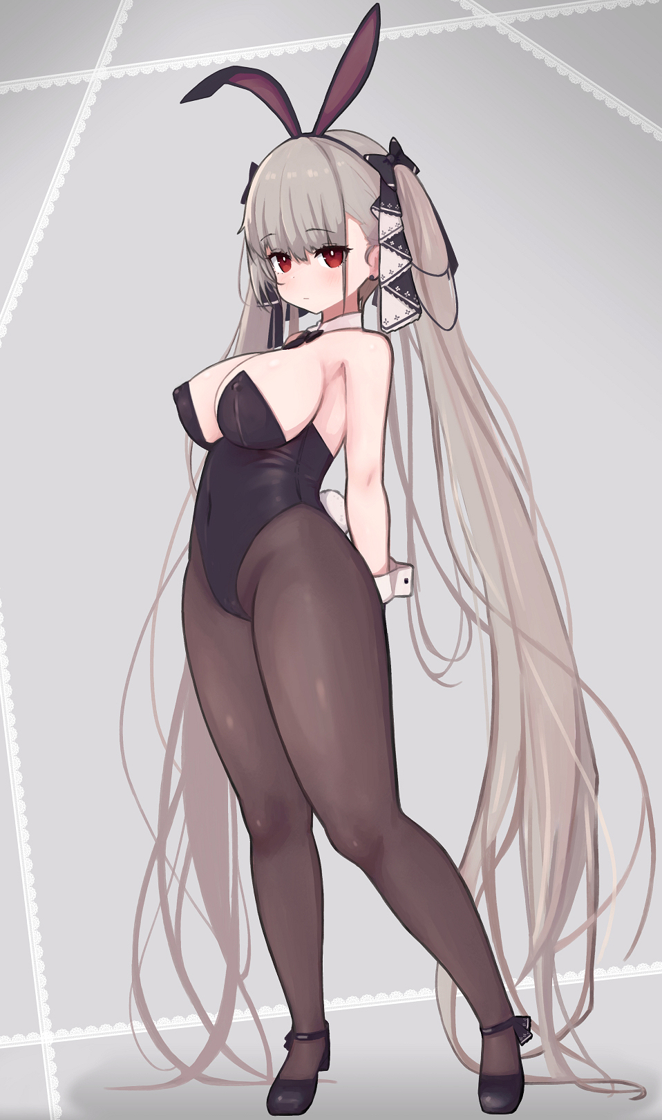 azur lane, bangs, big breasts, breasts, bunny ears, bunny girl, bunny tail, bunnysuit, female, female only, formidable (azur lane), full body, hair ribbon, hairbow, high heels, long hair, looking at viewer, nipple bulge, pantyhose, red eyes, rose neru, silver hair, solo, standing, thick thighs, tight clothing, twintails, very long hair
