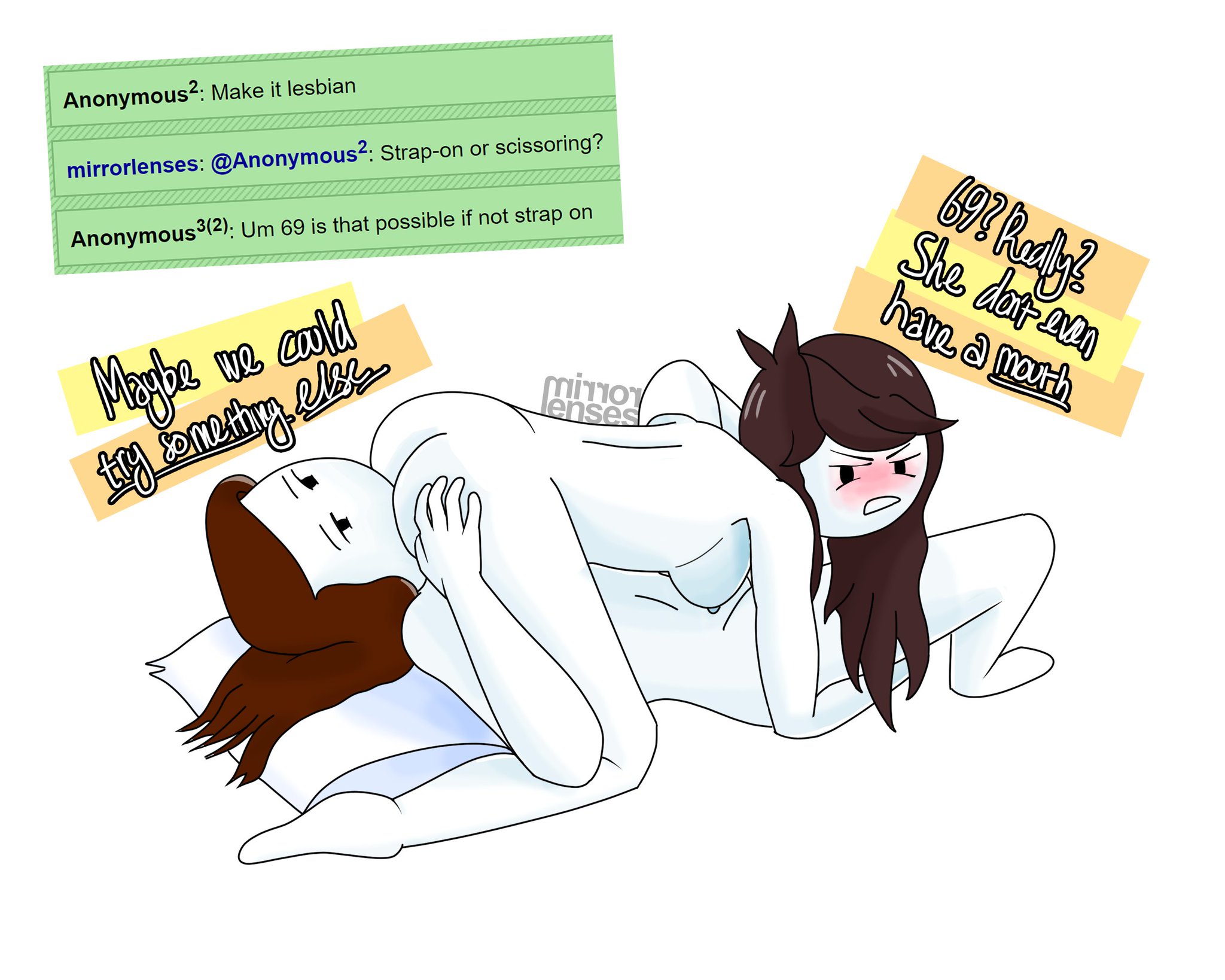 2girls, 69 position, big breasts, blush, breasts, brown hair, complaining, english text, female, female only, grabbing ass, irritated, jaiden, jaiden animations, jaiden dittfach, lesbian, let me explain studios, mirrorlenses (artist), multiple females, multiple girls, nipples, nude, nude female, pillow, pussy, rebecca parham, rubbing pussy, text, white skin, youtube, yuri