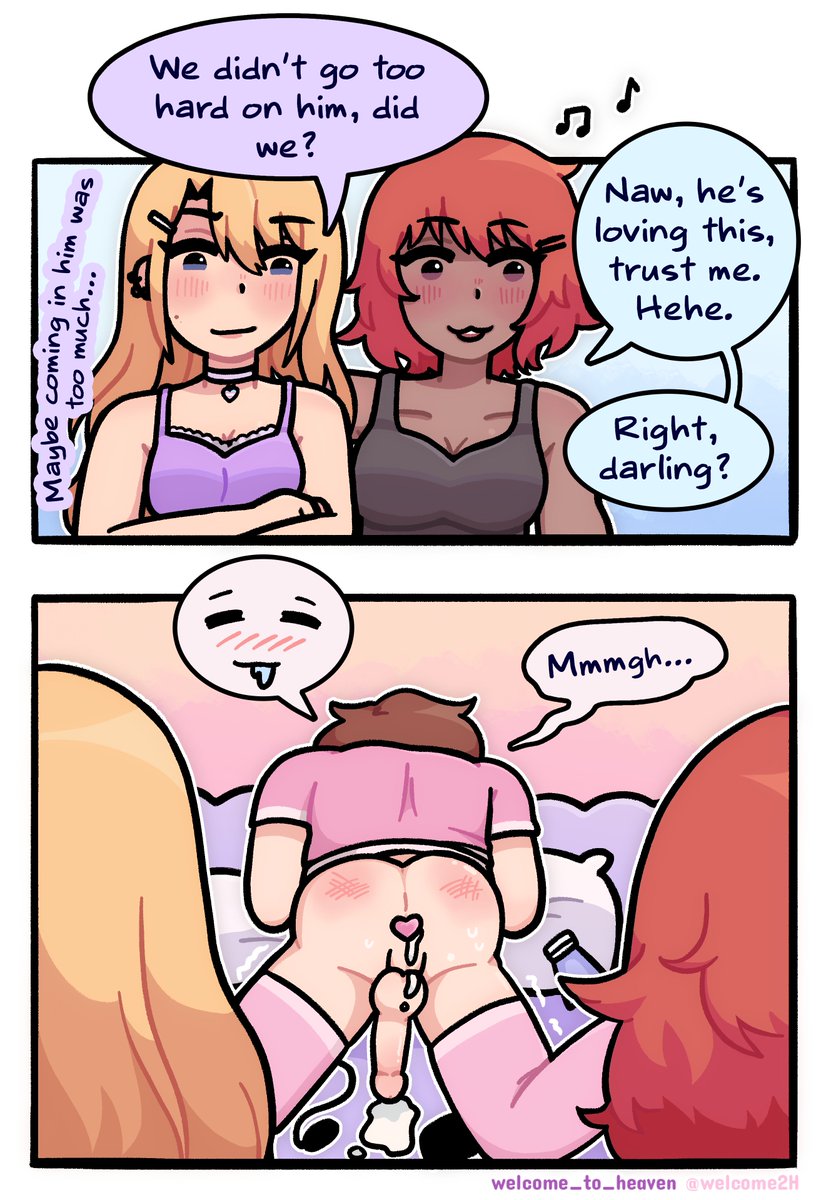 1boy, 2girls, after sex, anal, anal plug, ass, blonde hair, brown hair, buttplug, choker, cum, cum in ass, cum inside, cute, domination, female, femdom, happy sub, heart buttplug, male, male penetrated, malesub, multiple doms, original character, penis, red hair, submissive, trembling, uncensored, welcome to heaven