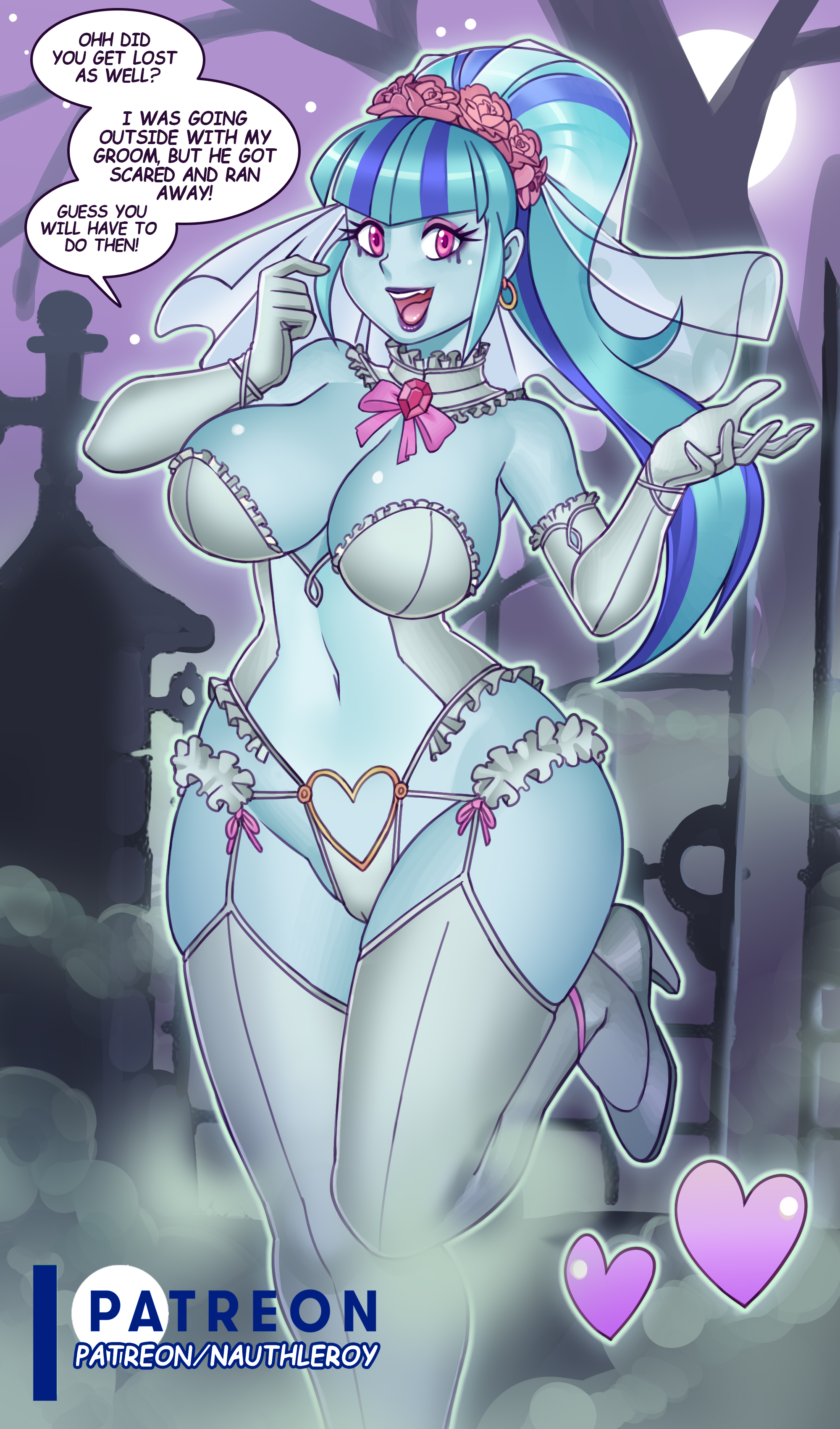 1girls, big breasts, blue hair, blue skin, breasts, bridal lingerie, equestria girls, eye contact, female, female only, friendship is magic, garter straps, gloves, hasbro, large breasts, lingerie, long hair, looking at viewer, my little pony, nauth, nauth le roy, navel, purple eyes, solo, sonata dusk, speech bubble, standing, text, the dazzlings, thick thighs, thighhighs, thighs, two-tone hair, wide hips