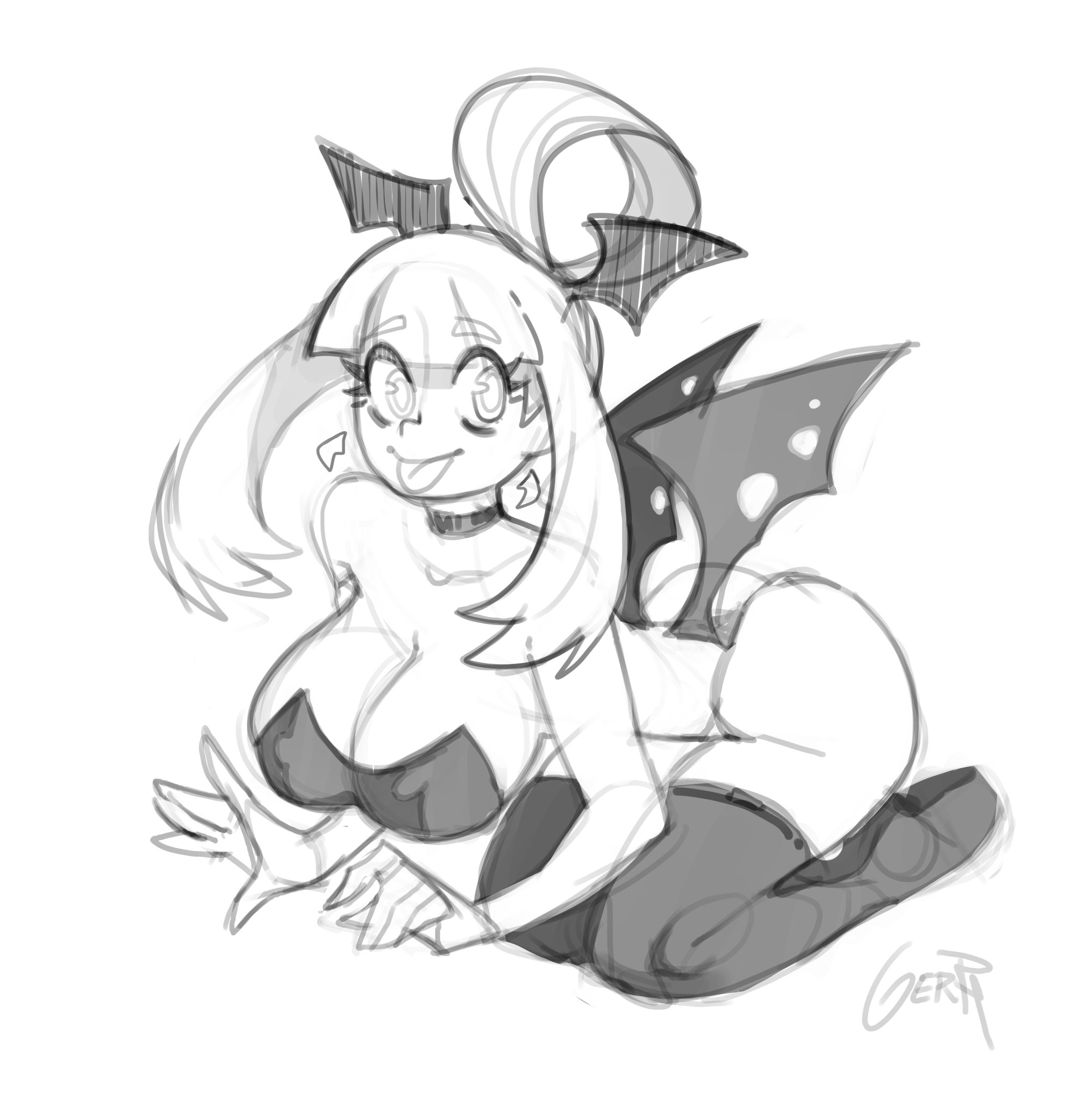 1girls, anisa (skarpworld), ass, big ass, big breasts, big butt, big hips, big thighs, blep, blunt bangs, breasts, cleavage, costume, demon, demon girl, female, female focus, female only, gerph, halloween, hourglass figure, huge ass, huge breasts, huge butt, huge hips, huge thighs, monochrome, skarp world, sketch, tongue, tongue out, wide hips