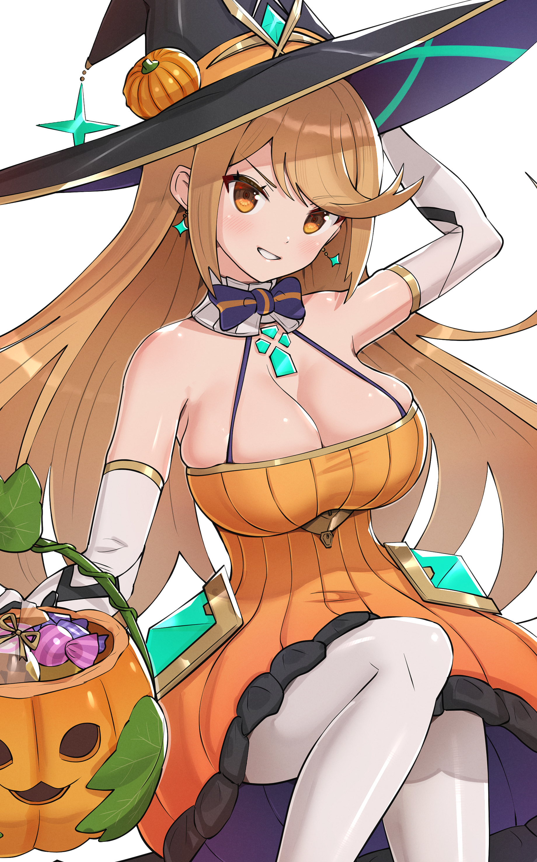 1girls, 2021, alternate breast size, arm up, bangs, blonde hair, bowtie, breasts, candy, cleavage, core crystal, detached collar, detached sleeves, earrings, female, female focus, female only, gold eyes, gonzarez, halloween, hat, hi res, huge breasts, large hat, leggings, light blush, long hair, looking at viewer, mythra, nintendo, orange clothing, pumpkin, simple background, sitting, smile, swept bangs, thick thighs, thighs, white background, white leggings, witch, witch costume, witch hat, xenoblade (series), xenoblade chronicles 2