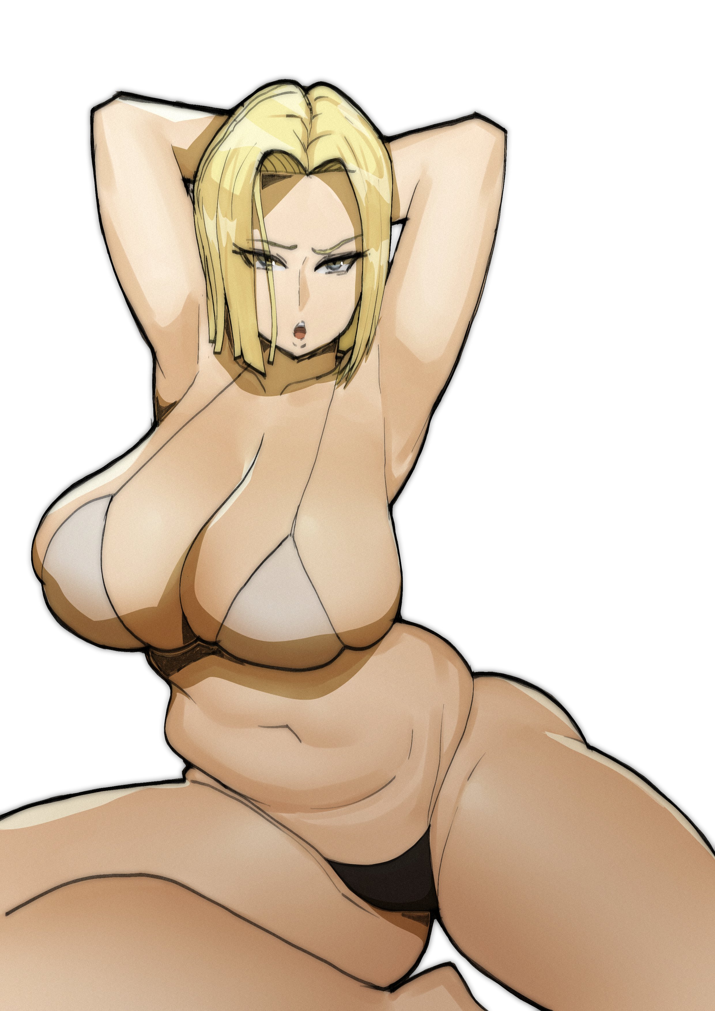 1girls, android 18, armpits, arms behind head, big breasts, blonde hair, breasts, doublehero, dragon ball, dragon ball z, eye contact, female, large breasts, looking at viewer, micro bikini, thick thighs, thighs, voluptuous, wide hips