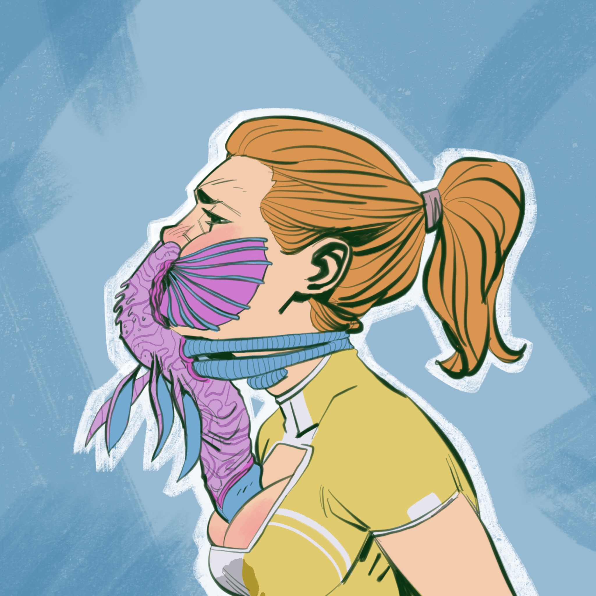 1girls, blush, breasts, clothing, creature, creepy, female, interspecies, long hair, lordtabaqui, male, monster, nasal penetration, open mouth, oral, orange hair, paizuri, parasite, penetration, penis, penis tentacles, ponytail, precum, purple tentacles, shirt, size difference, tentacle, tentacle between breasts, tentacle paizuri