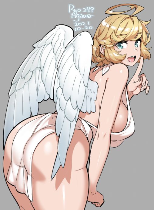 1girls angel ass big_ass big_breasts breasts dat_ass female female_only large_breasts looking_back lowres ryo_agawa solo thick_thighs wide_hips