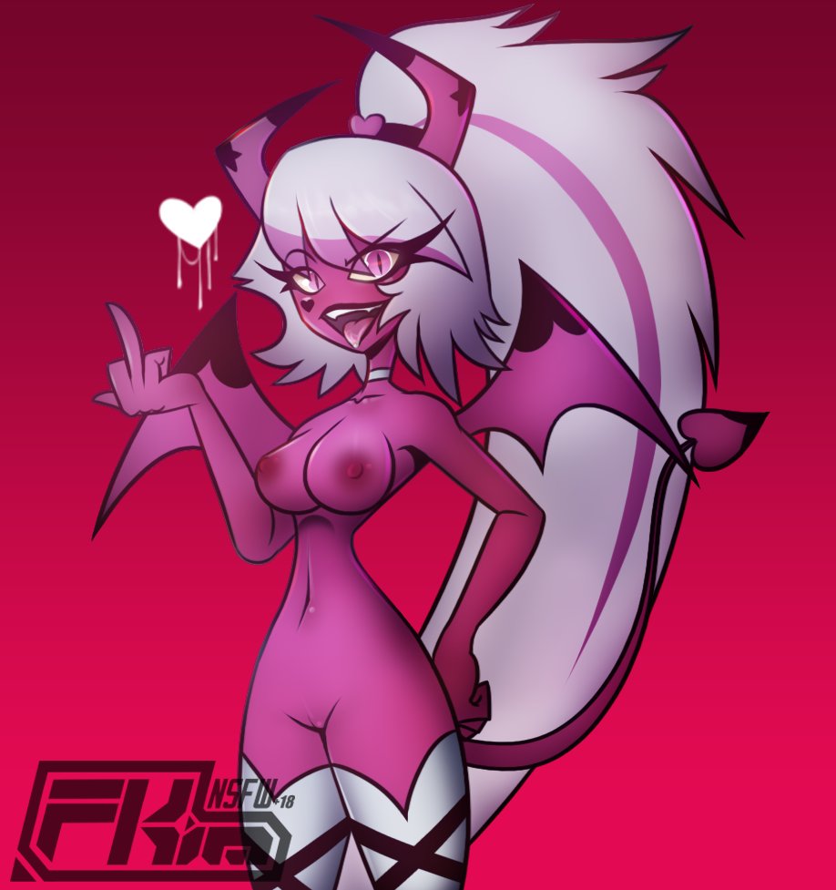 breasts, demon, demon girl, female, fkimnsfw, helluva boss, horns, lipstick, middle finger, naked, nipples, nude, pink eyes, pink skin, ponytail, pussy, solo, succubus, tail, tongue, tongue out, vagina, verosika mayday (helluva boss), white hair, wings