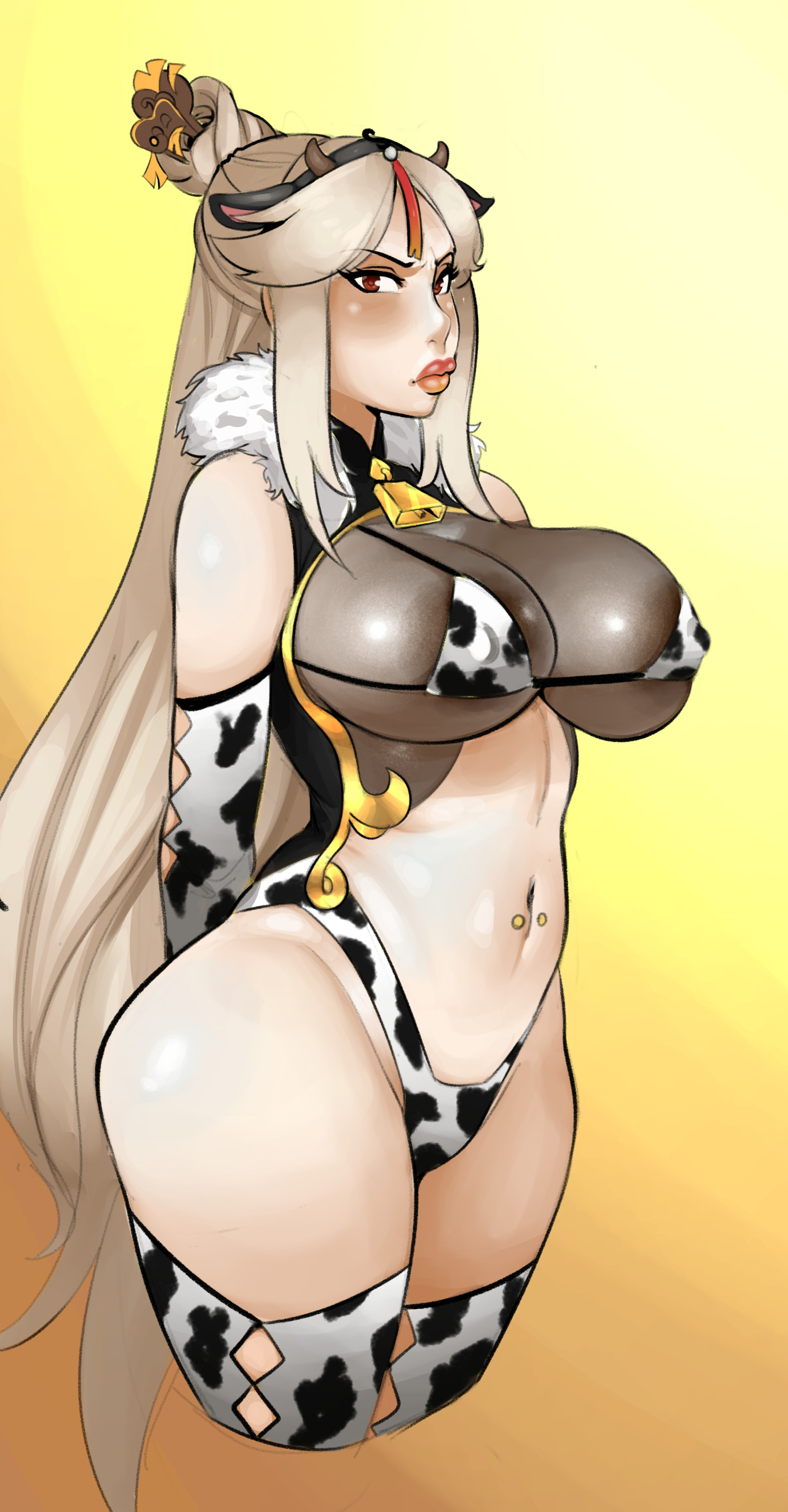 1girls, areola slip, armwear, big breasts, bikini, breasts, cow ears, cow horns, cow print, cow print armwear, cow print bikini, cow print stockings, cowbell, cowboy hat, digital drawing (artwork), digital media (artwork), digital painting (artwork), fake animal ears, fake ears, fake horns, female, female focus, female only, genshin impact, hair ornament, light skin, light-skinned female, moshimashi, multicolored hair, ningguang (genshin impact), nipple bulge, pale skin, pale-skinned female, partially clothed, solo, solo female, solo focus, stockings, tagme, underwear, video games