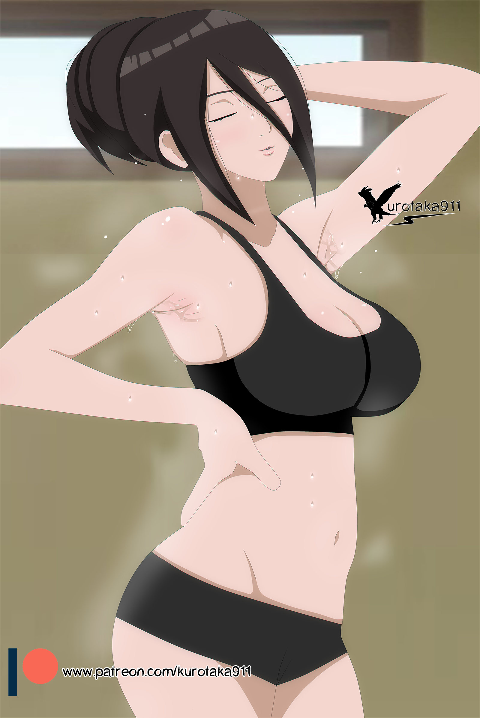 1girls, agung911, armpit fetish, armpits, arms up, ass, black bra, black panties, booty shorts, boruto: naruto next generations, bra, breasts, brown hair, cleavage, closed eyes, clothed, clothing, female, female focus, female only, hair bun, hand on hip, hyuuga hanabi, indoors, light skin, light-skinned female, medium breasts, naruto, naruto (series), pale skin, pale-skinned female, panties, perky breasts, pinup, pose, posing, puckered lips, short shorts, shorts, shounen jump, sideboob, solo, solo female, solo focus, sports bra, sweat, sweatdrop, sweating, tied hair, underwear, voluptuous, window