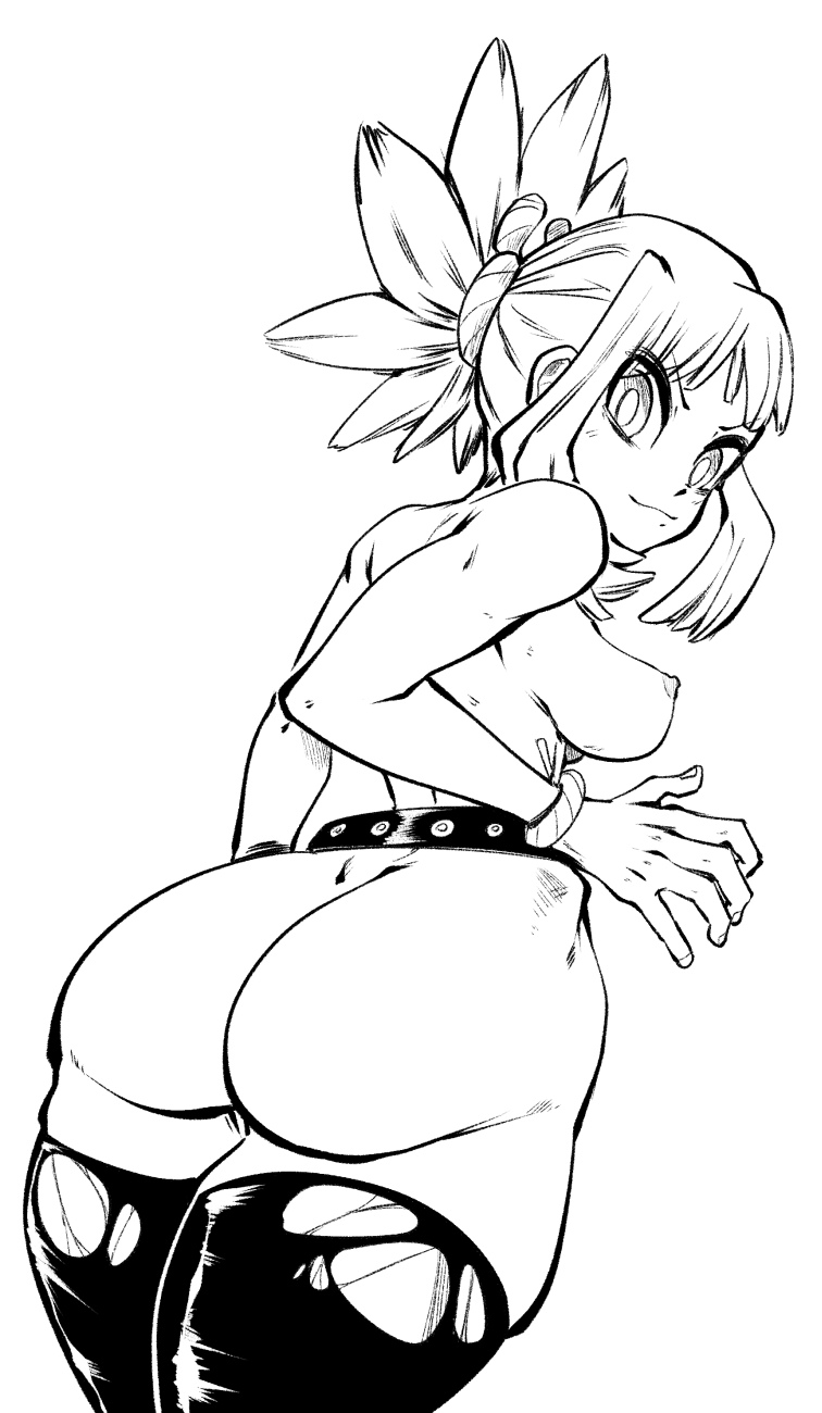 1girls areolae ass back back_view big_ass box_chan breasts dr.stone female female_only human inktober kohaku_(dr.stone) looking_back monochrome nipples sketch skindentation solo standing thick_thighs thighhighs torn_legwear white_background wide_hips