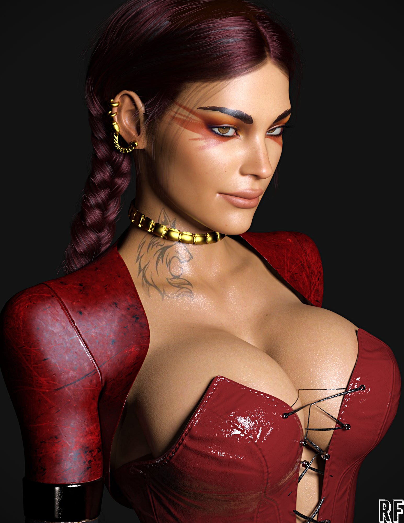1girls, 3d, apex legends, big breasts, braid, breasts, cleavage, clothed, clothed female, clothes, clothing, collar, dark skin, dark-skinned female, earrings, eyeshadow, female, female only, fully clothed, jacket on shoulders, leather jacket, loba (apex legends), red hair, revealing clothes, rude frog, solo, tattoo