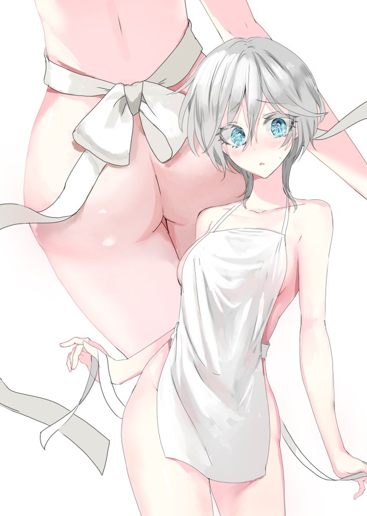 anastasia (idolmaster), apron, apron only, aqua eyes, ass, blush, breasts, eyebrows, eyebrows visible through hair, eyelashes, eyelashes visible through hair, female, female only, idolmaster, idolmaster cinderella girls, looking at viewer, mostly nude, open mouth, rum raisin (chihiromakita19), short hair, sideboob, silver hair, simple background, sweat, sweatdrop, white apron