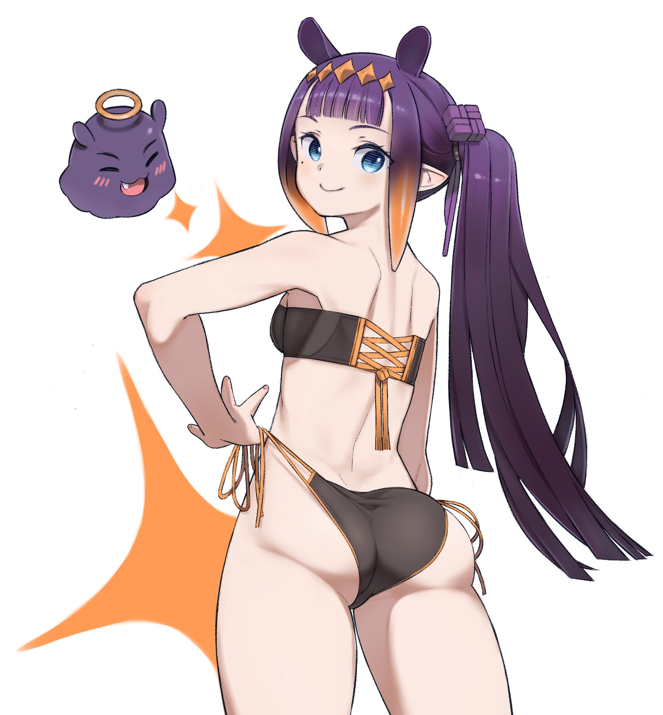 1girls, absurd res, artist request, ass, ass focus, big ass, bikini, black bikini, black swimsuit, blue eyes, blush, blushing at viewer, breasts, bubble ass, bubble butt, diadem, fan mascot (vtuber), female, female focus, female only, from behind, hair ornament, halo, highres, hololive, hololive english, hololive myth, light skin, light-skinned female, long hair, looking at viewer, looking back, mole, mole under eye, multicolored hair, ninomae ina'nis, oerba yun fang, orange hair, pale skin, pale-skinned female, pointy ears, purple hair, round ass, small breasts, source request, swimsuit, tako (ninomae ina'nis), thick thighs, tiara, very high resolution, very long hair, virtual youtuber, white background