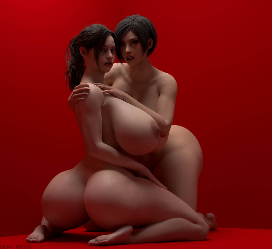 2girls, 3d, ada wong, ada wong (adriana), alternate body type, alternate breast size, areolae, ass, belly button, big areola, big thighs, black hair, blender, blender (software), bob cut, breasts, breasts bigger than head, capcom, choker, claire redfield, curvaceous, curves, curvy, curvy body, curvy female, curvy figure, dark areolae, dark nipples, drakepowers, female, female only, gigantic breasts, gtaman3vcsa, hands, huge ass, legs, mature, mature female, nails, naked, navel, nipples, nude, nude female, pussy, resident evil, resident evil 2, resident evil 2 remake, thick thighs, thighs, thin waist, top heavy, voluptuous, watermark, wide hips
