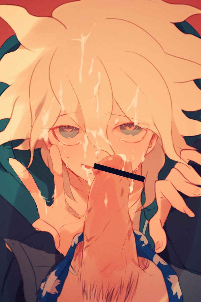 2boys, ahe gao, blowjob, blush, boxers, censor bar, censored, censored penis, clothed sex, clothing, cum in hair, cum in mouth, cum on face, cum on fingers, danganronpa, danganronpa 2: goodbye despair, fellatio, gay, heart-shaped pupils, hinata hajime, looking at viewer, male, male only, male/male, nagito komaeda, oral, oral sex, peace sign, penis, pointless censoring, post-orgasm, smile, smiling, smiling at viewer, source request, straight hair, sucking, touching penis, white hair, yaoi