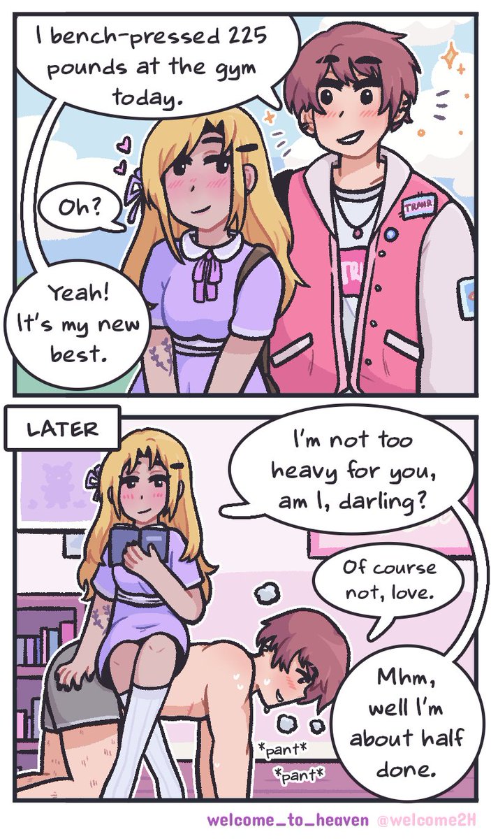 1boy, 1girls, blonde hair, brown hair, comic, dialogue, domination, female, femdom, human, human furniture, male, malesub, mastectomy scar, original character, reading, sequence, sitting, sitting on person, soft domination, straight, submissive, tattoo, text, trans man, transgender pride colors, transmasc, welcome to heaven
