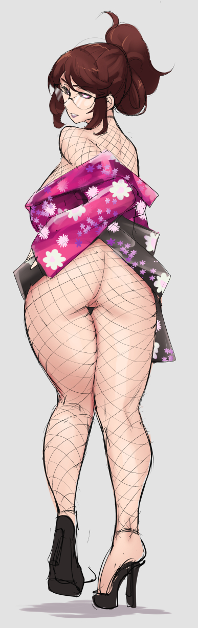 1girls, ass, bottomless, breasts, brown hair, female, fishnet bodysuit, fishnets, glasses, high heels, japanese clothes, kimono, lipstick, looking to the side, makeup, mole, mole on ass, original, platform footwear, platform heels, ponytail, sideboob, simple background, solo, stormcow