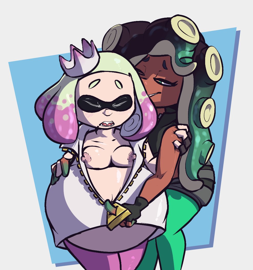 2girls belly breasts closed_eyes colored crown dark-skinned_female female female_only full_body_inflation grabbing_arm green hand_holding inflation lesbian light-skinned_female marina_(splatoon) multiple_girls nintendo nipples nsfwlk octoling pearl_(splatoon) pink plasma-snake round_belly simple_background splatoon splatoon_(series) splatoon_2 unzipped unzipping zipper