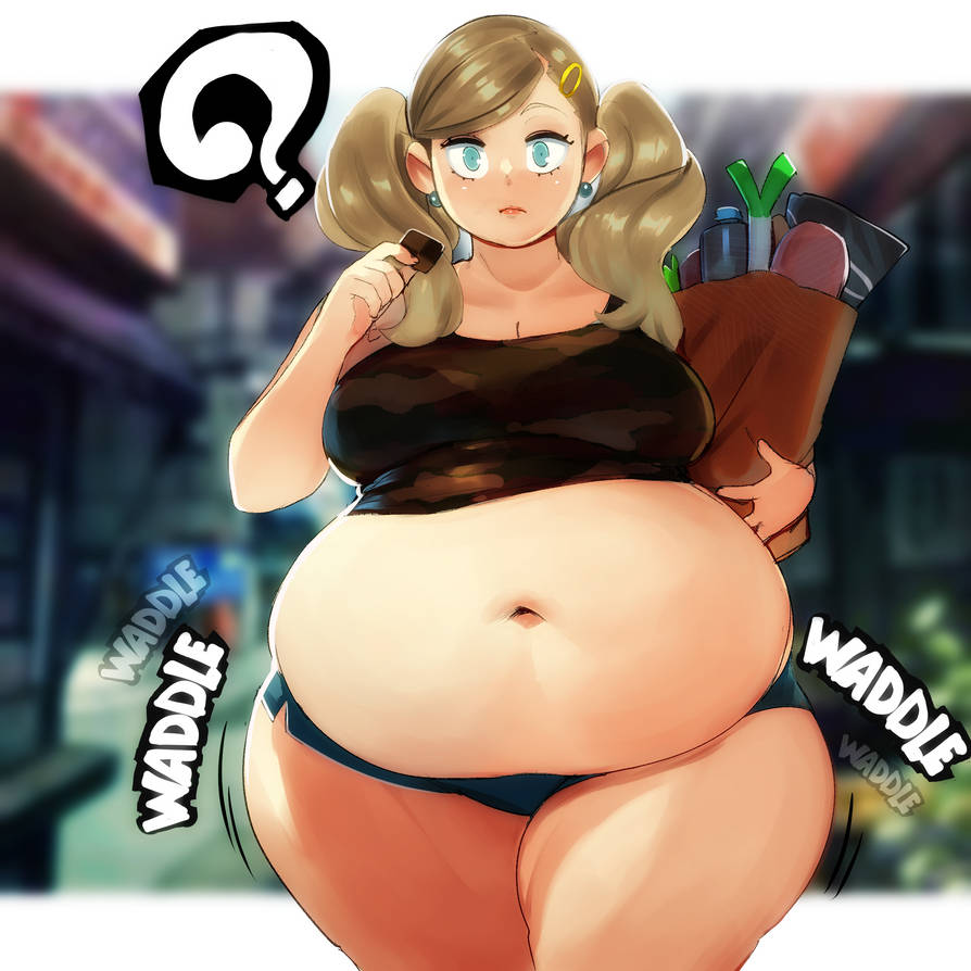 1girls ? ann_takamaki atlus bbw belly belly_button big_belly blonde_hair blue_eyes breasts chubby cleavage confused confusion crop_top fat female food groceries hair jaykuma obese_female persona persona_5 sega shorts thick_thighs thighs