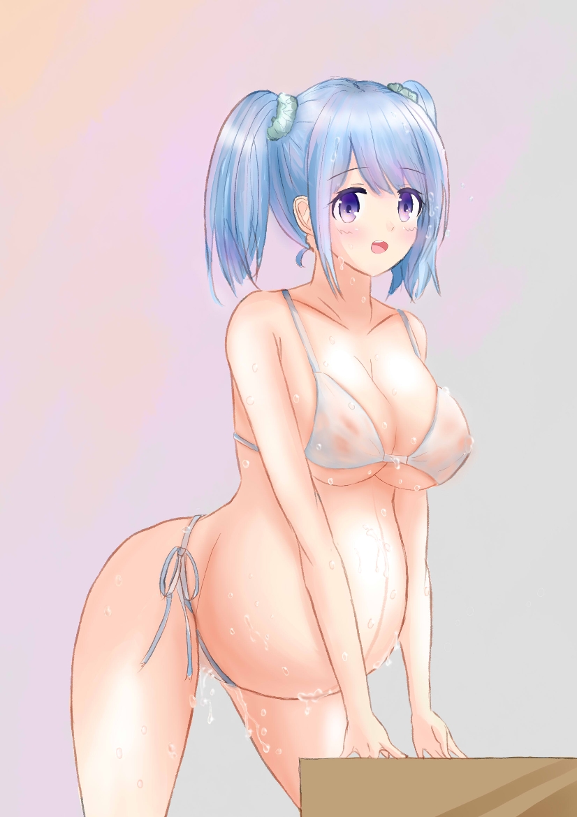 1girls bangs bent_over big_breasts bikini blue_hair cleavage female female_only leaning_forward linea_nigra looking_at_viewer nipples_visible_through_clothing original pregnant purple_eyes sakuranohako scrunchie see-through_clothing side-tie_bikini solo swimsuit twintails underboob wet white_bikini