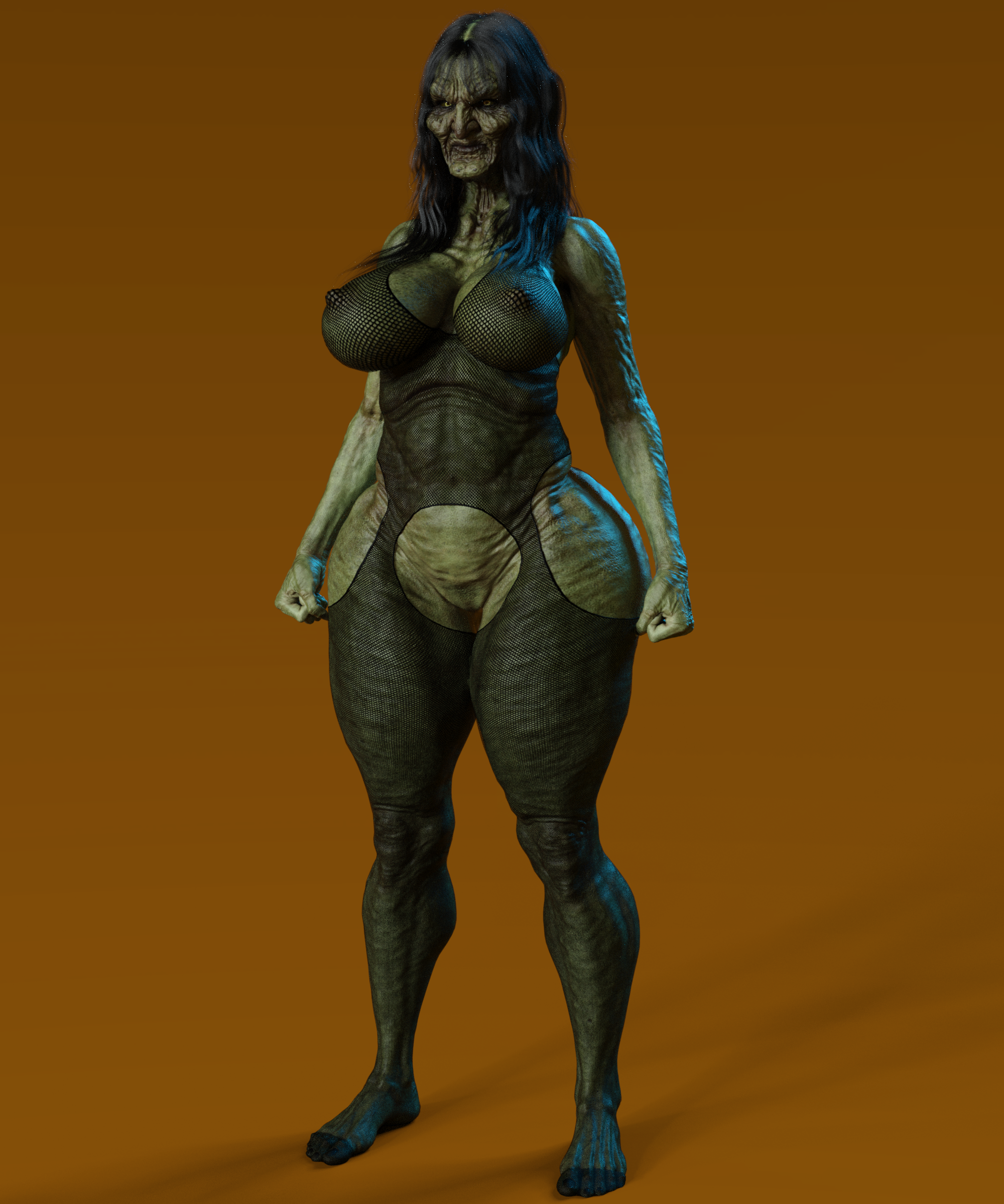 3d, ass, bangs, big ass, big breasts, bodystocking, breasts, brown hair, daz studio, female, gilf, green skin, mature, mature female, milf, misuzalha3d, nipples, nipples visible through clothing, olga (misuzalha3d), stockings, thick, thick ass, thick thighs, ugly female, wide hips