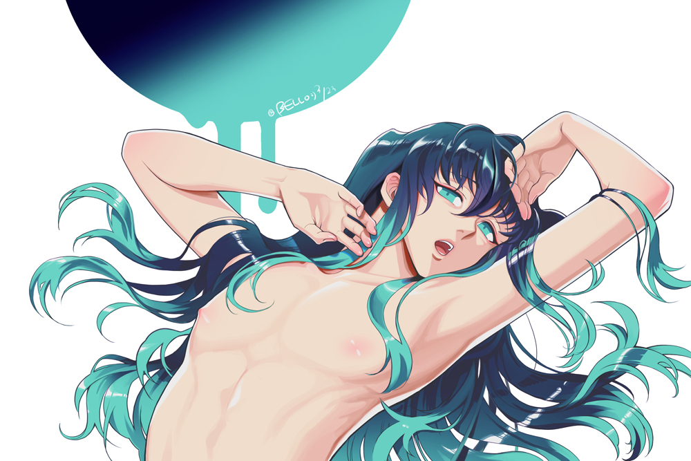 androgynous, aqua eyes, arms up, bangs, dark hair, demon slayer, feminine male, kimetsu no yaiba, kurobina bello, long hair, looking at viewer, male, male only, muichiro tokitou, on back, open mouth, solo, twink, two-tone hair, upper body