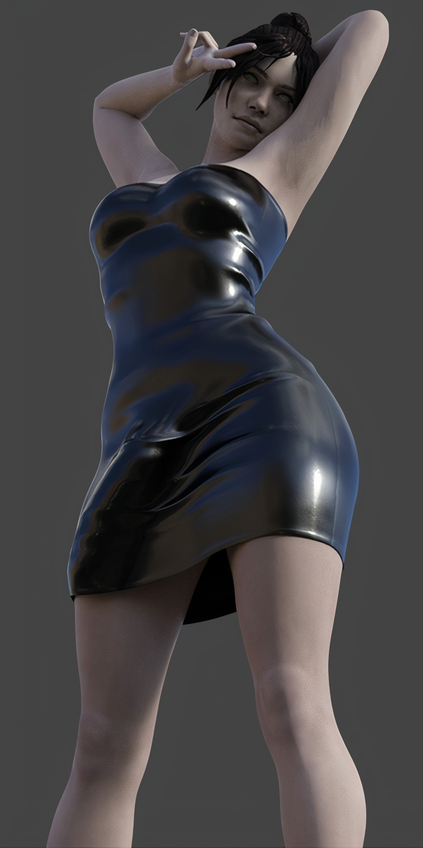 1futa, 3d, 3d (artwork), apex legends, black dress, black hair, bulge, dress, futa only, futanari, intersex, light skin, light-skinned futa, pale skin, penis, pose, simple background, solo, thighs, white skin, wip, work in progress, wraith (apex legends)