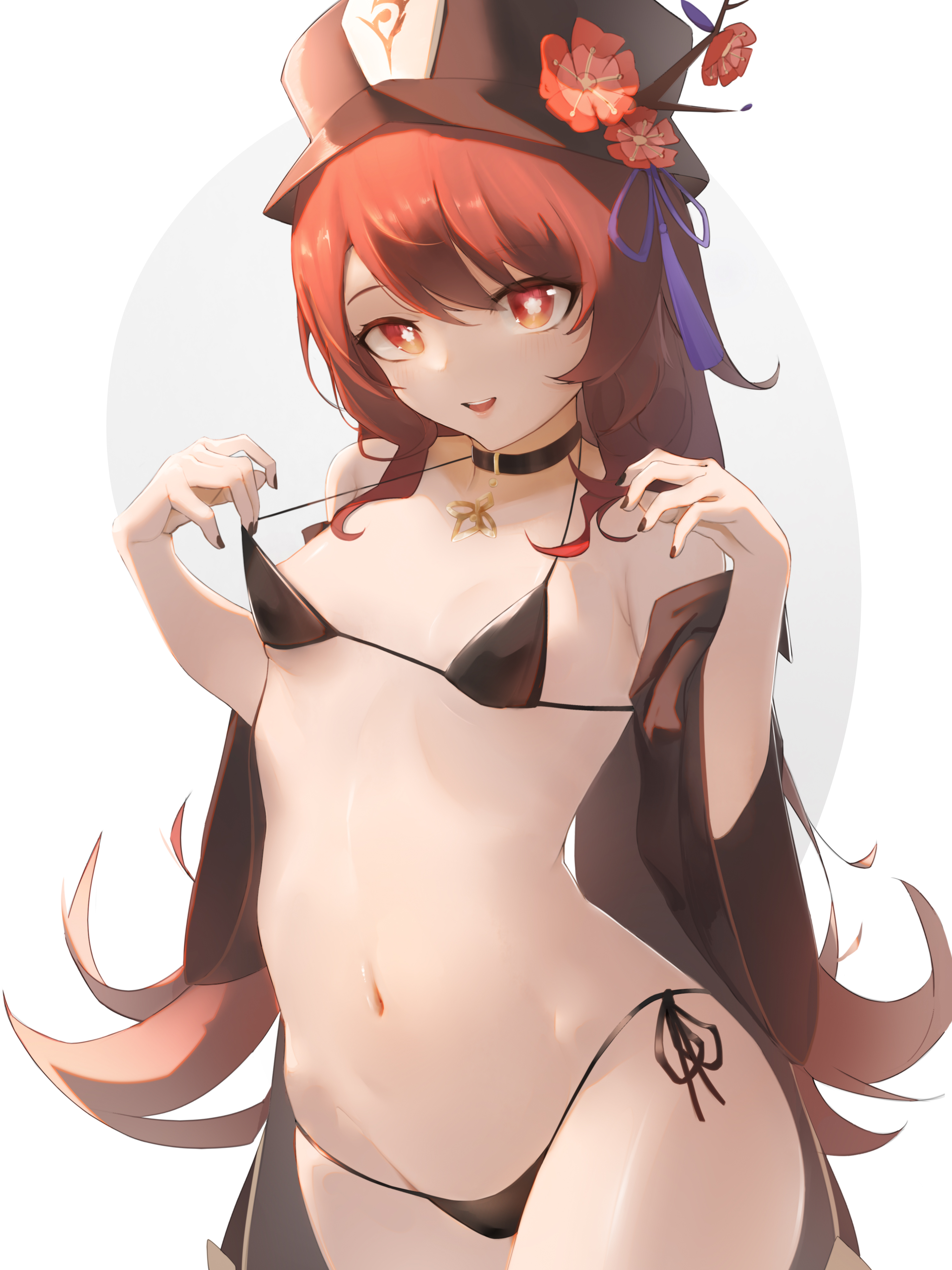 1girls, absurdres, bare shoulders, berserker r, bikini, bikini pull, black bikini, black headwear, black nails, breasts, brown hair, choker, clothes pull, female, female focus, female only, flower, genshin impact, hair down, hat, highres, hu tao (genshin impact), light skin, light-skinned female, long hair, looking at viewer, nail polish, navel, neckwear, nipple slip, nipples, off shoulder, open clothes, open mouth, painted fingernails, painted nails, pale, pale skin, pale-skinned female, panties, plum blossoms, red eyes, side-tie bikini, side-tie panties, skimpy bikini, small breasts, smile, solo, solo female, solo focus, string bikini, swimsuit, top hat, underwear, very long hair, wide sleeves