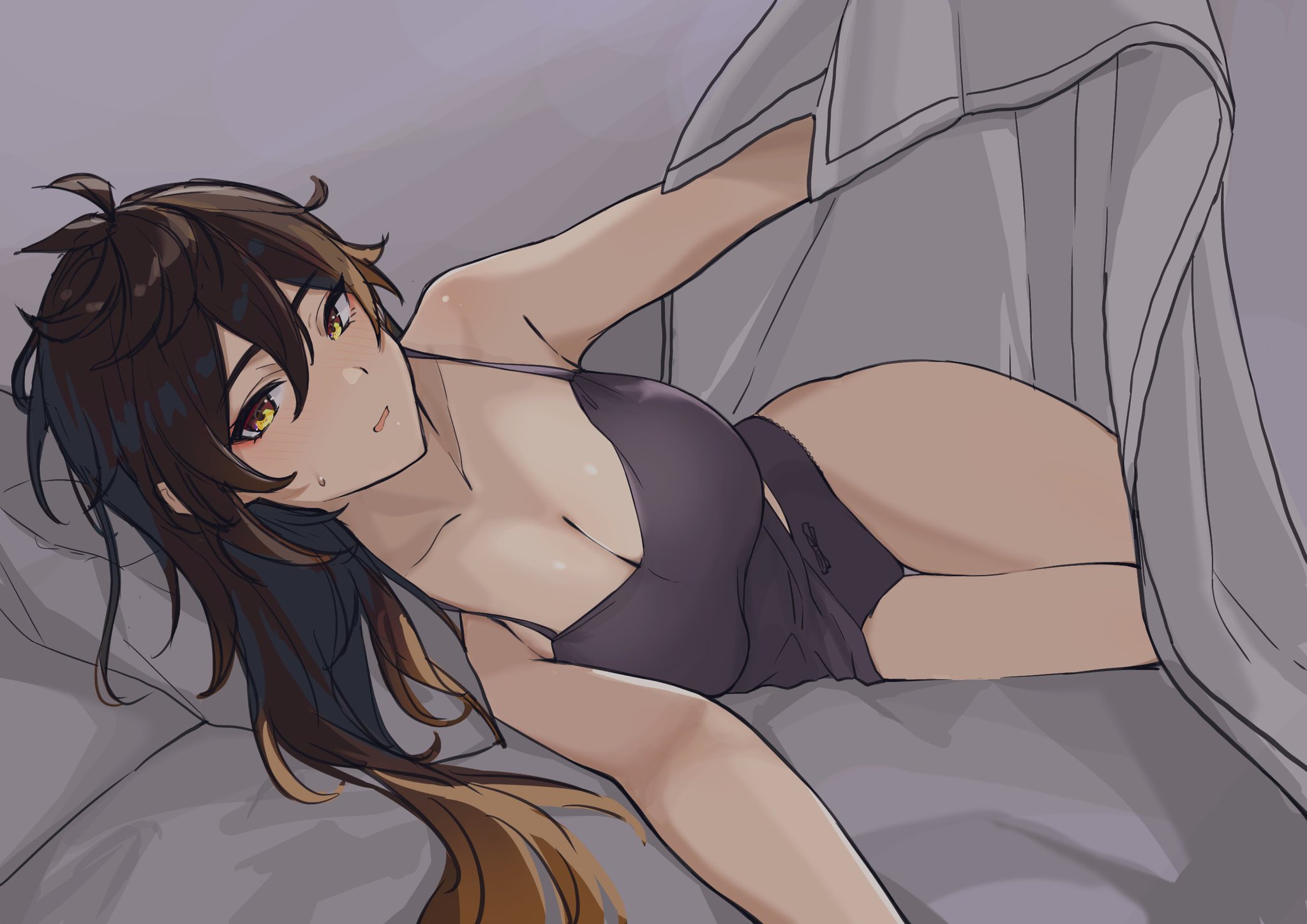 1girls, artist request, big breasts, blush, breasts, brown hair, female, genderswap, genderswap (mtf), genshin impact, inviting under covers, laying down, laying on bed, light skin, light-skinned female, rule 63, shirt only, thick thighs, thighs, yellow eyes, zhongli (genshin impact), zhongli jiejie
