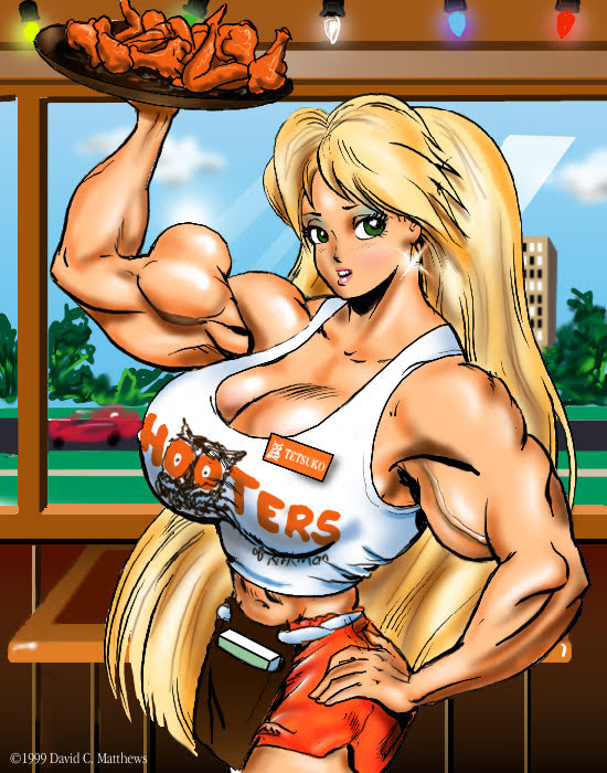 blonde_hair cleavage clothes dcmatthews earrings female food green_eyes hooters huge_breasts large_breasts long_hair muscles muscular_arms muscular_female solo tetsuko wide_hips